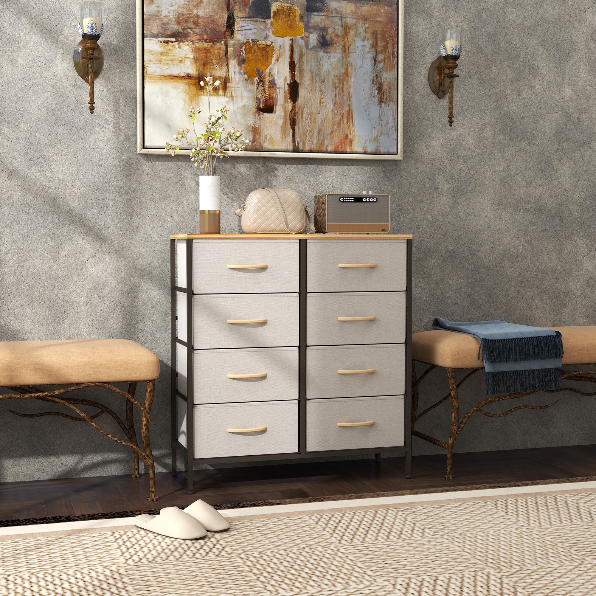 HOMCOM 8 Drawer Fabric Chest of Drawers w/ Wooden Top for Hallway Cream in Off-White