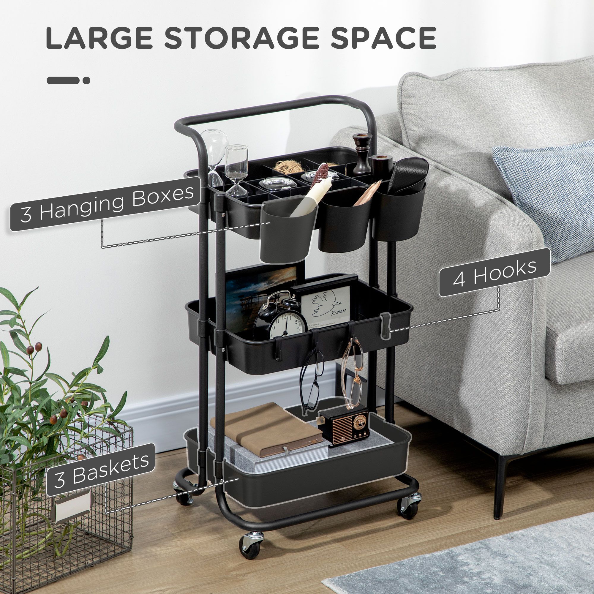 HOMCOM 3-Tier Utility Cart, Serving Trolley with Mesh Baskets Removable in Black 4
