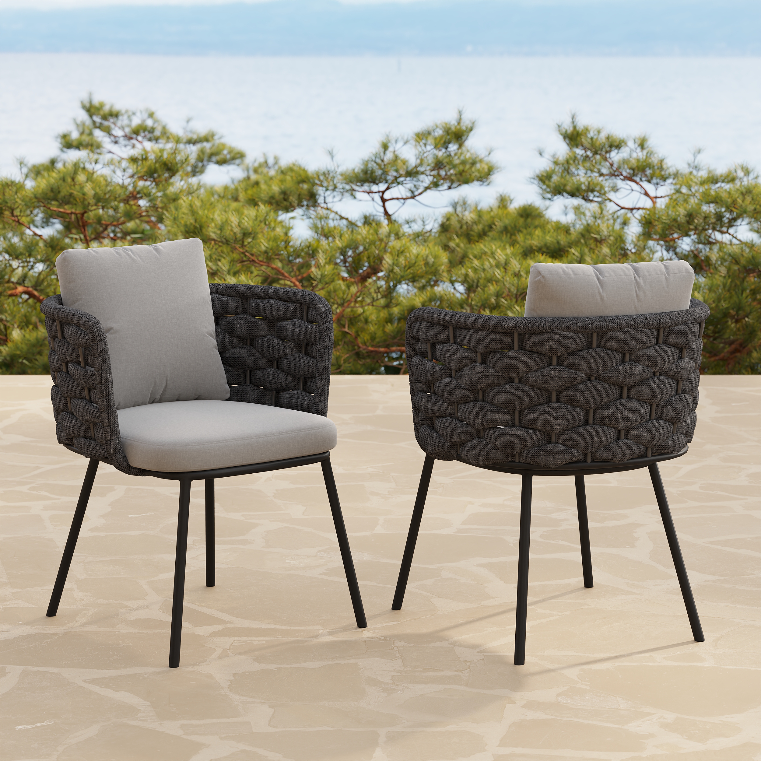 Set of 2 Modern Dark Grey Aluminium Rattan Outdoor Dining Chairs with Armrests – Durable & Weather-Resistant for Patios, Gardens, or Balconies