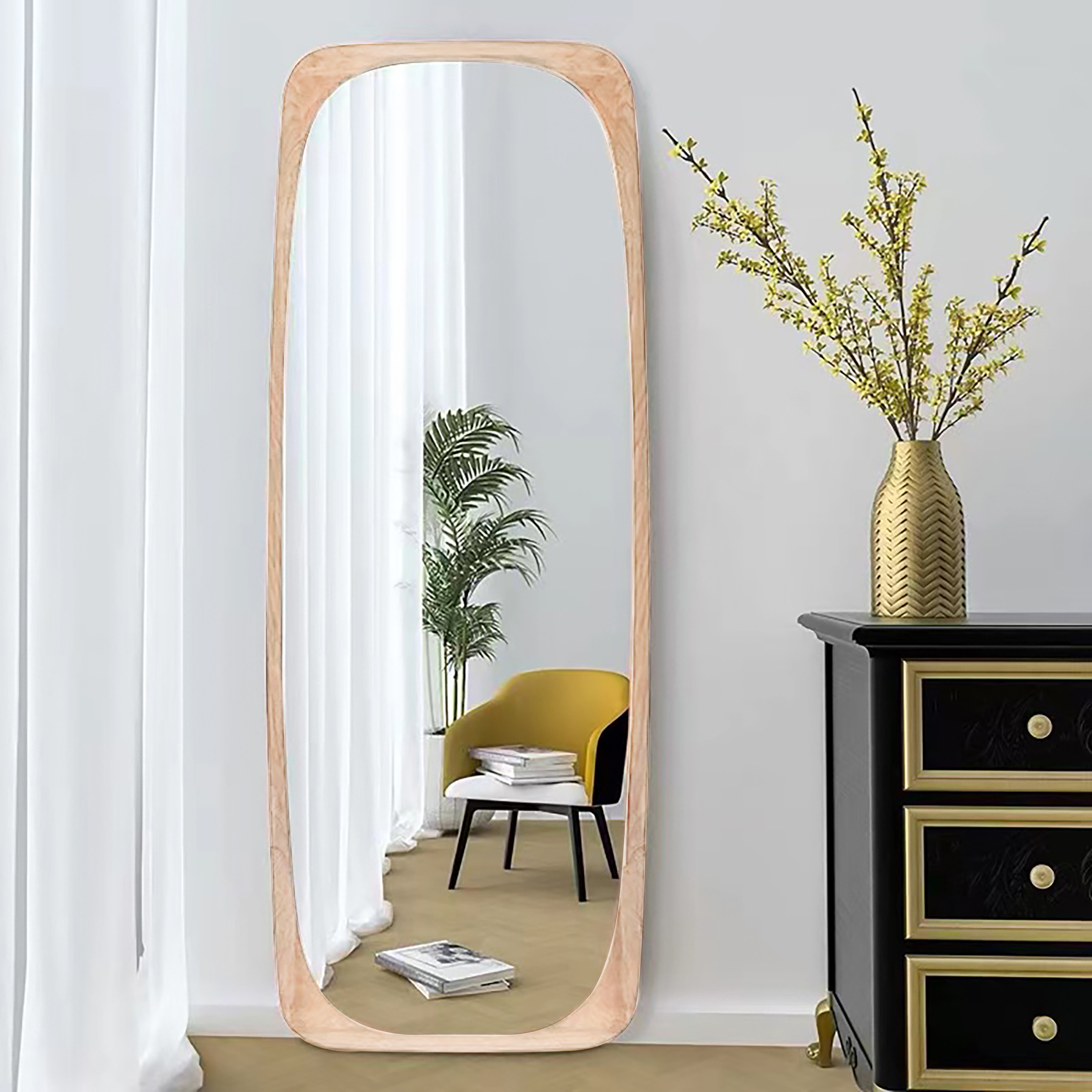 Rectangle Full Length Floor Mirror Wood Frame 175 cm Leaning Mirror Natural