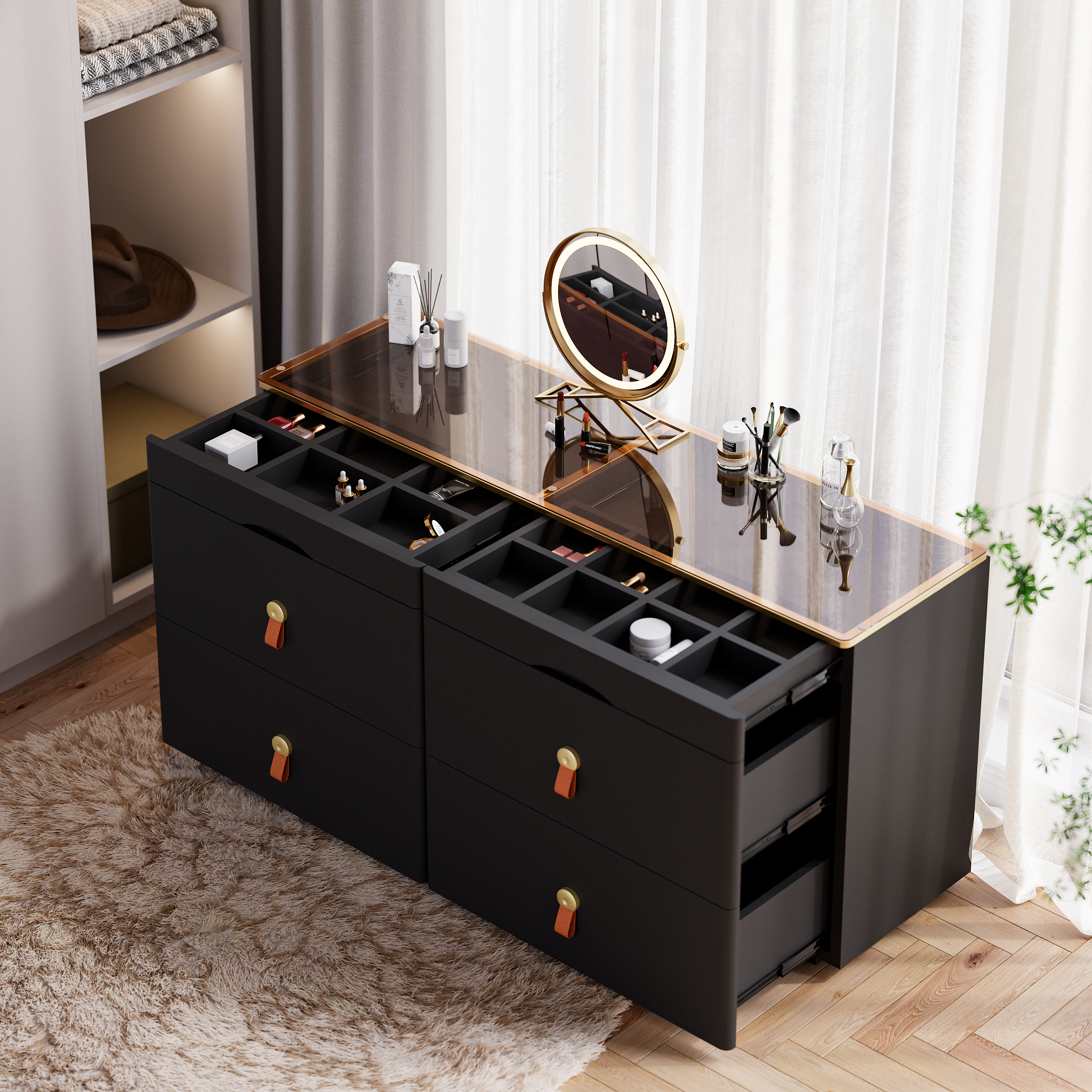 Glass 1200 mm W Modern Black Dresser 6 Drawer Closet Island with Jewellery Display Storage