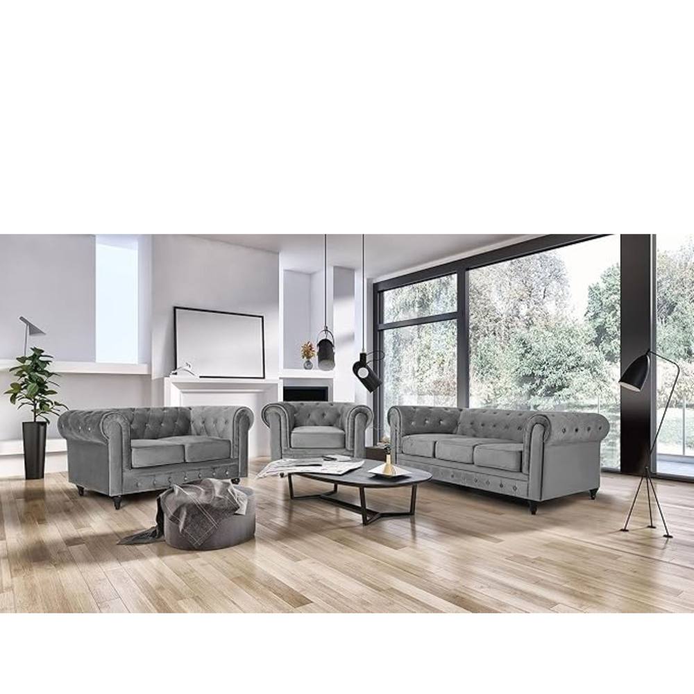 Bliss Furniture Velvet Chesterfield Sofa Suite Armchair 2 & 3 in Grey