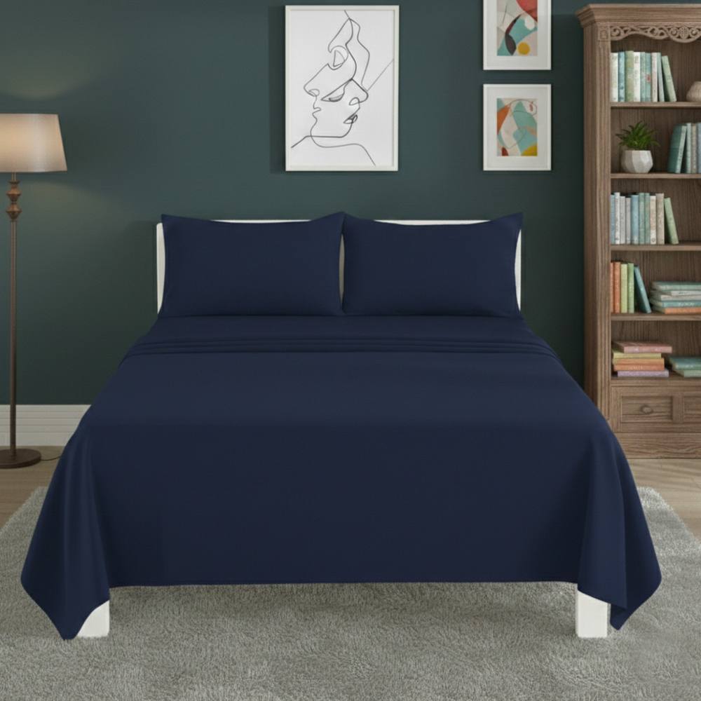 Snug City Easy Care Flat Bed Sheet Polycotton Durable Low Maintenance Bedding in Navy