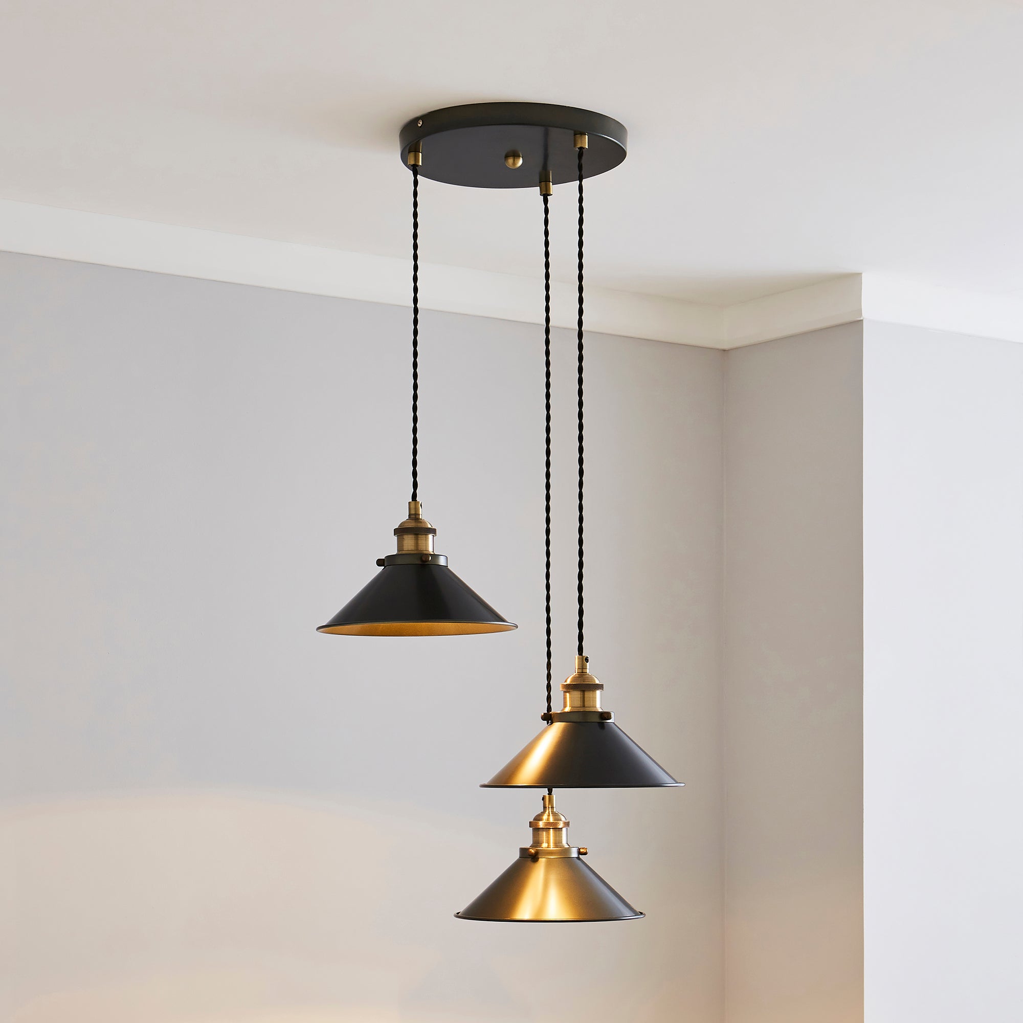 Logan 3 Light Grey Industrial Cluster Ceiling Fitting Brass and Black