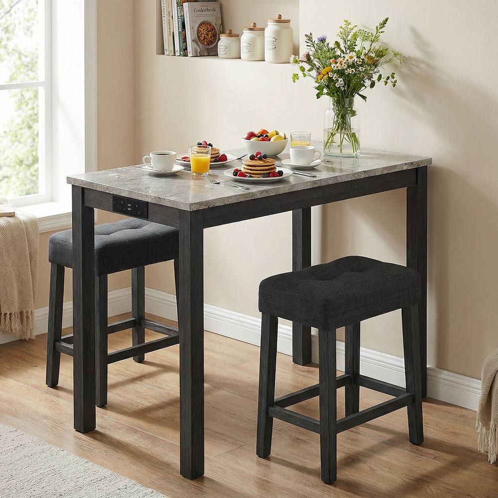 Costway Set of 3 Faux Marble Bar Table Set w/Charging Station&2 Padded Stools in Grey