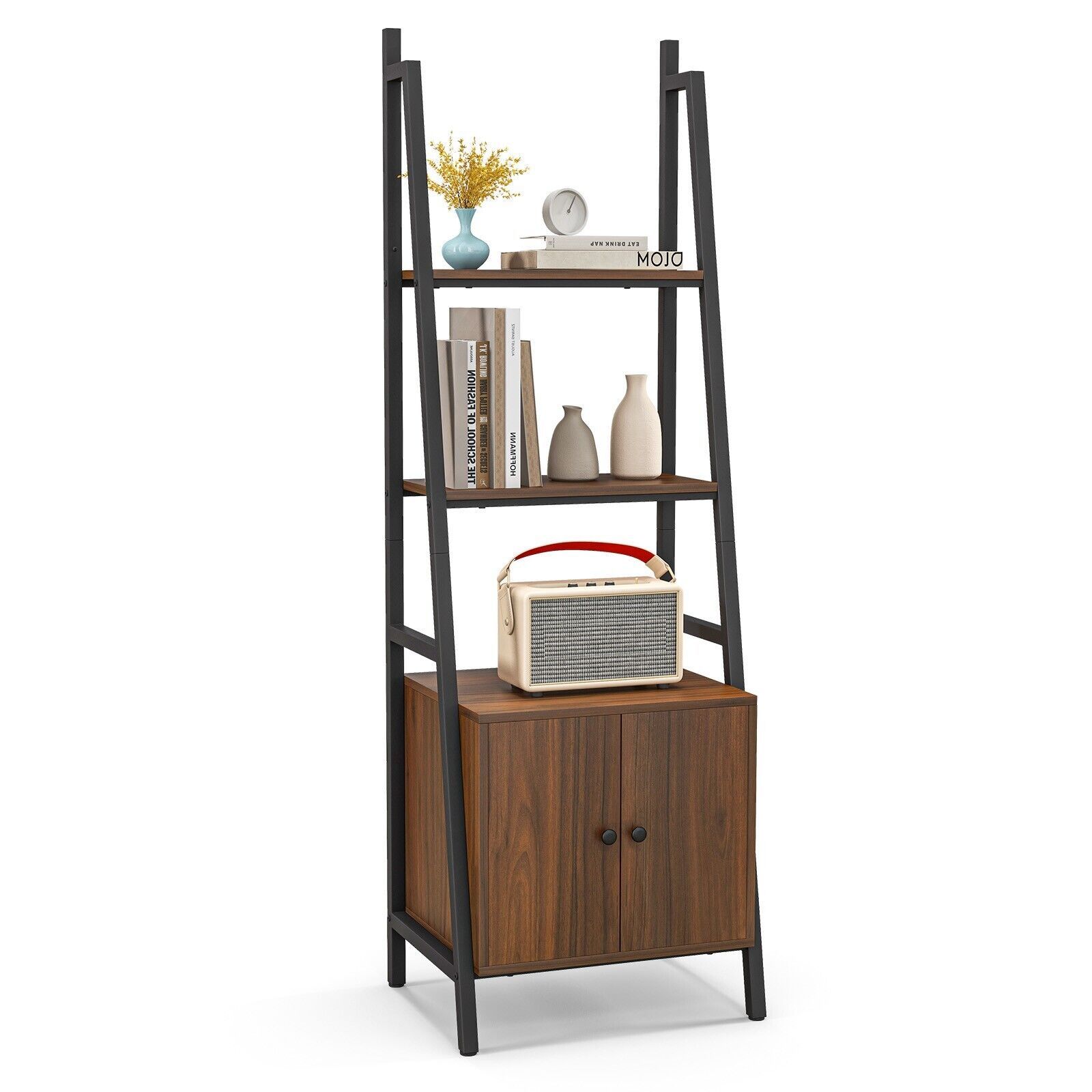 Costway 4 Tiers Ladder Shelf with Cabinet 160 CM Tall Bookshelf Industrial Bookcase in Brown