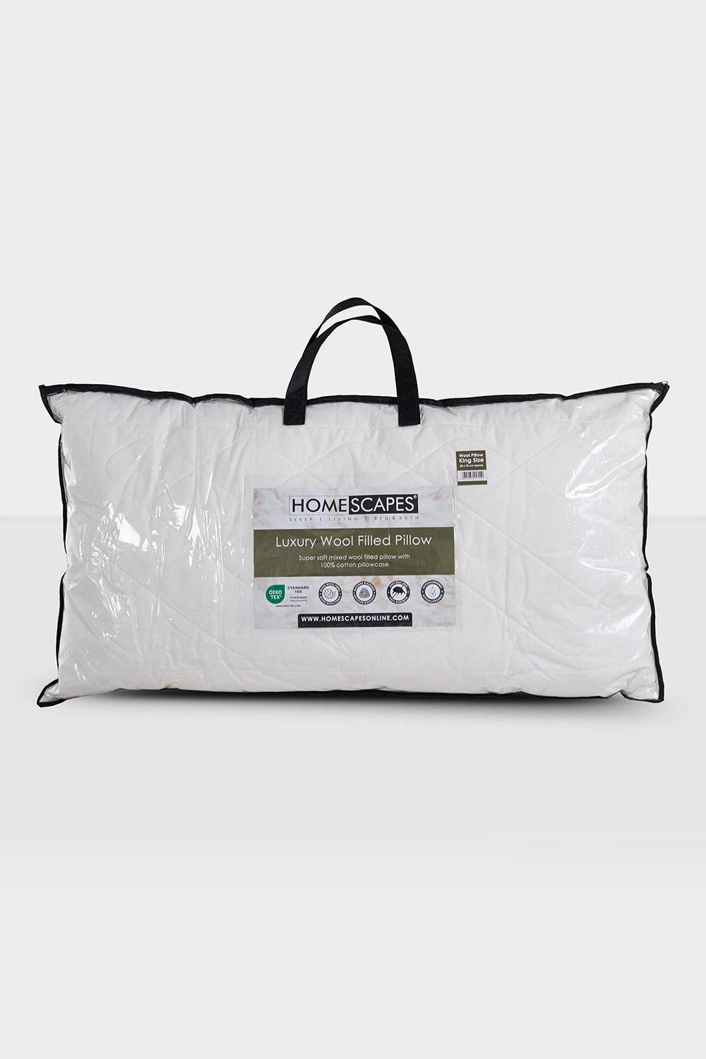 Homescapes Premium Wool King Size Pillow with Quilted Case, 19 x 35" in White