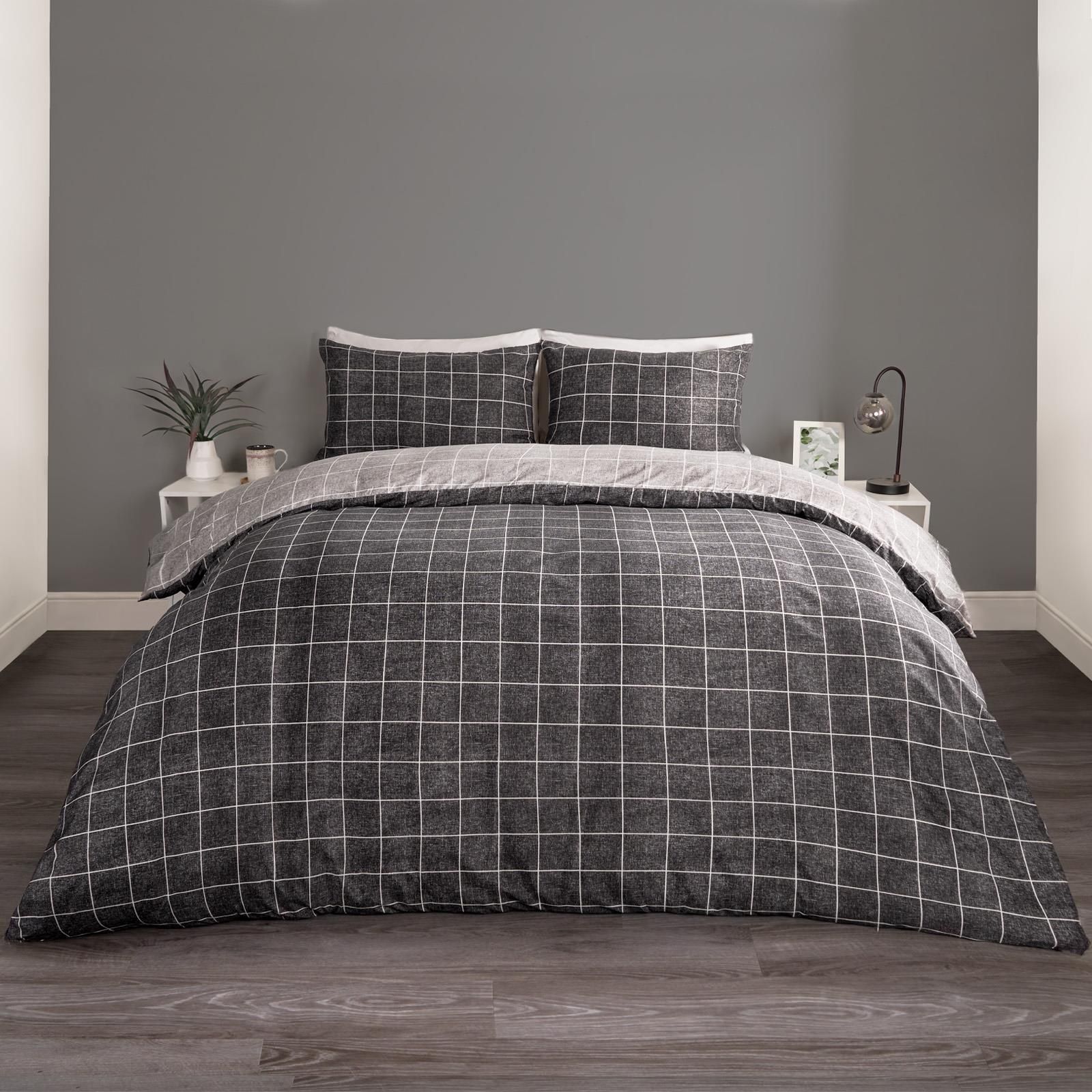 OHS Check Duvet Cover Bedding Set Quilt Pillowcase in Black
