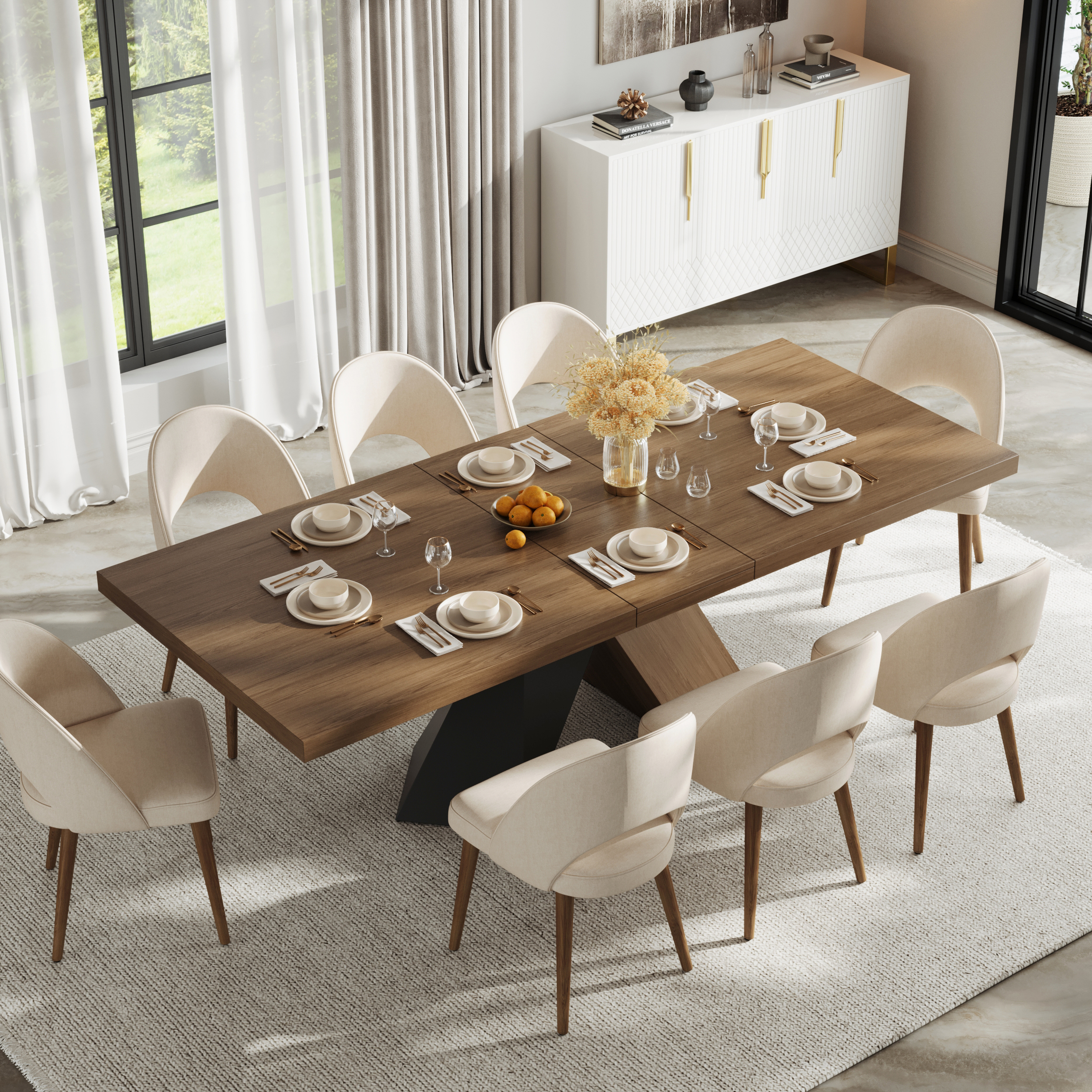 1600mm-2000mm Extendable Walnut Dining Table & 8 Walnut Japandi Rattan Dining Chairs