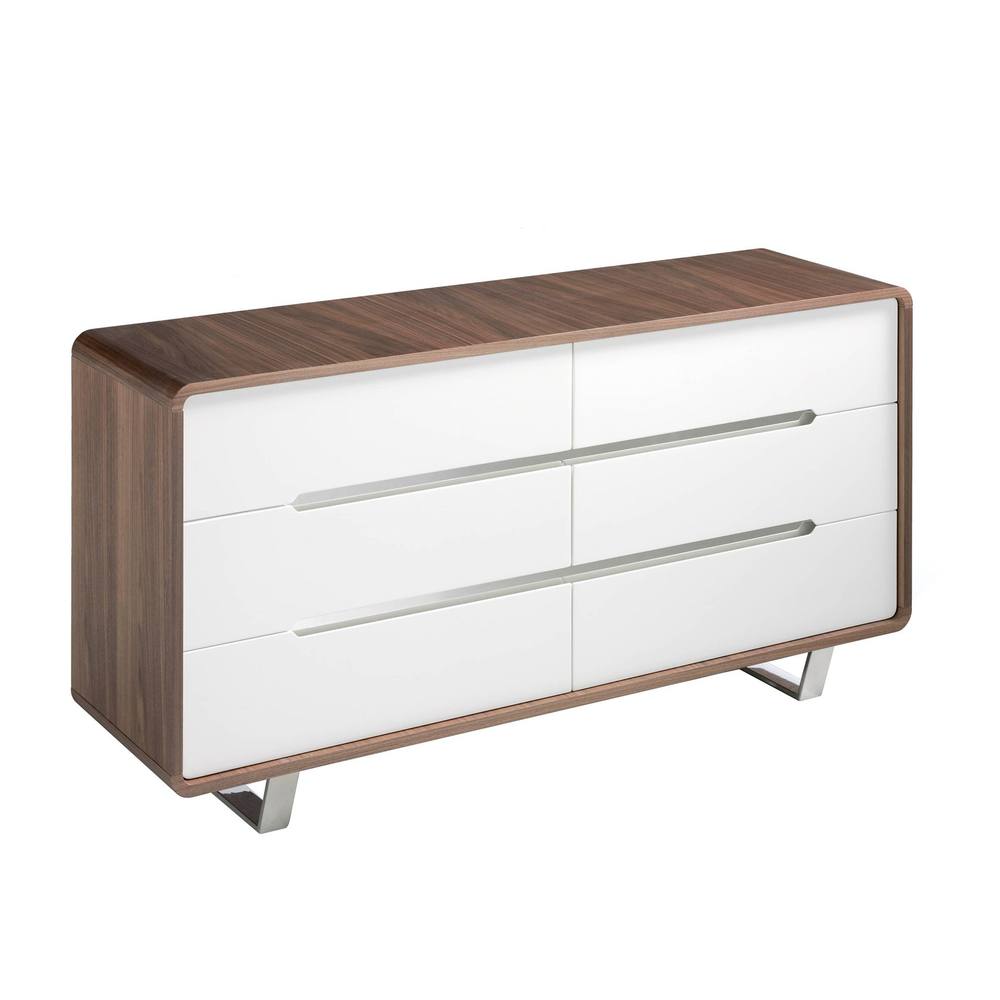 Angel Cerda 6-Drawer Chest Walnut Veneer, White MDF & Chrome Legs in Brown