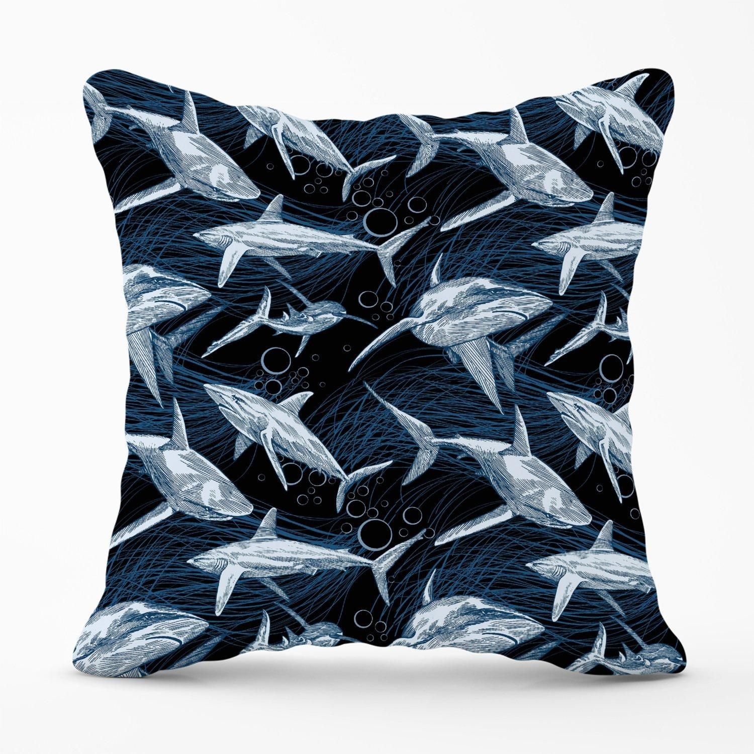 Warren Reed - Designer Hand Drawn Shark Pattern Outdoor Cushion in Blue