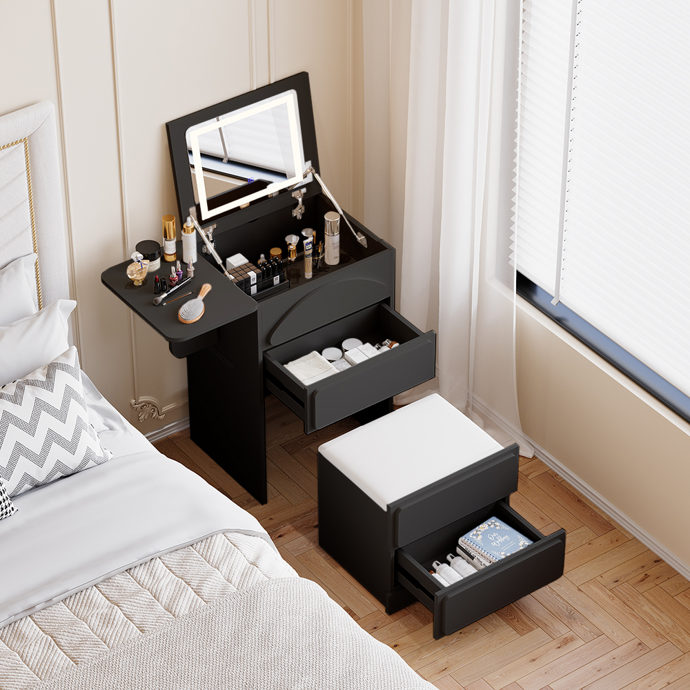 Modern Flip Top White Dressing Table with Chair with Charging Station Mini Dressing Table with Stool