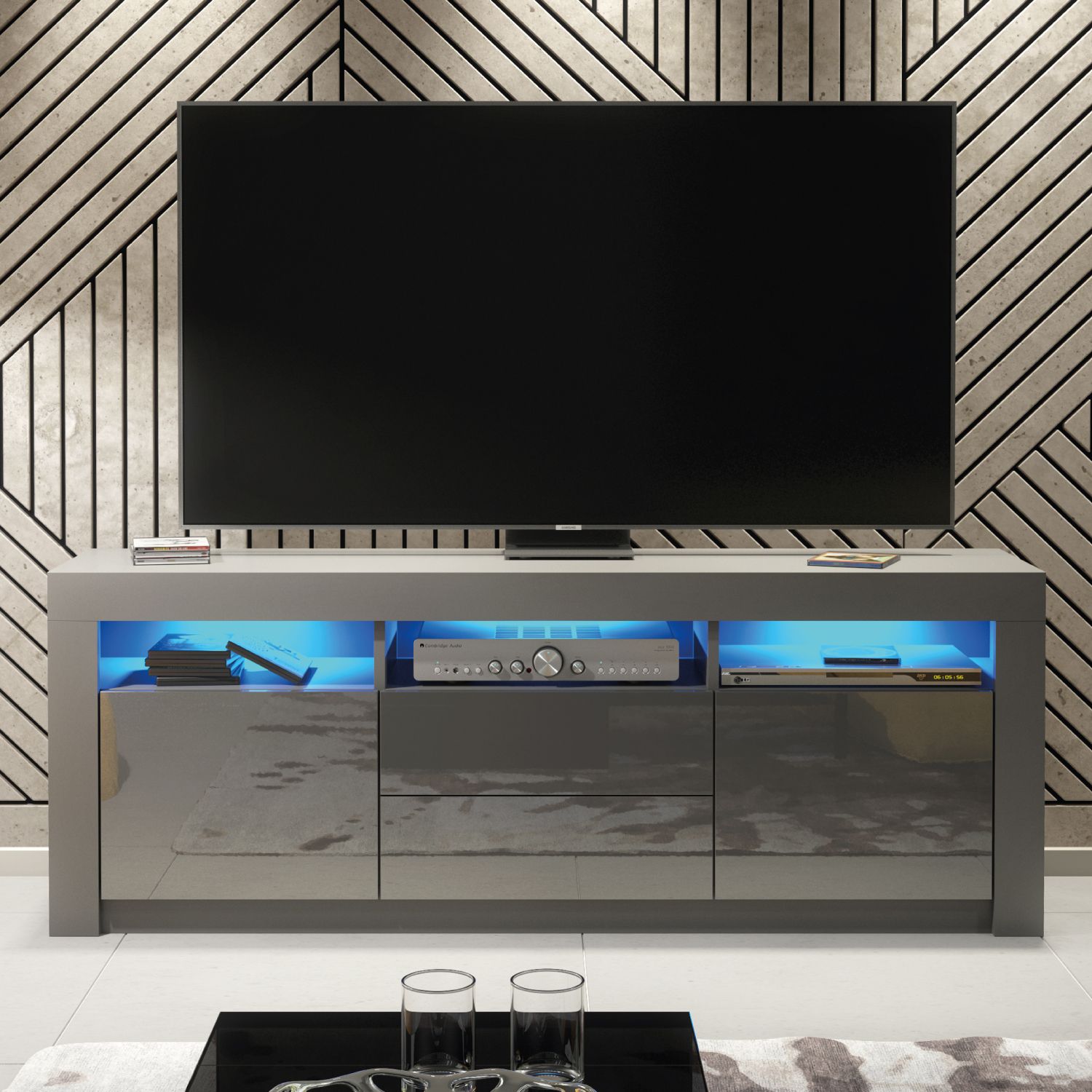 Creative Furniture Shine TV Unit 160cm - A Bright & Stylish Cabinet with Gloss Doors & LED Lights in Dark Grey