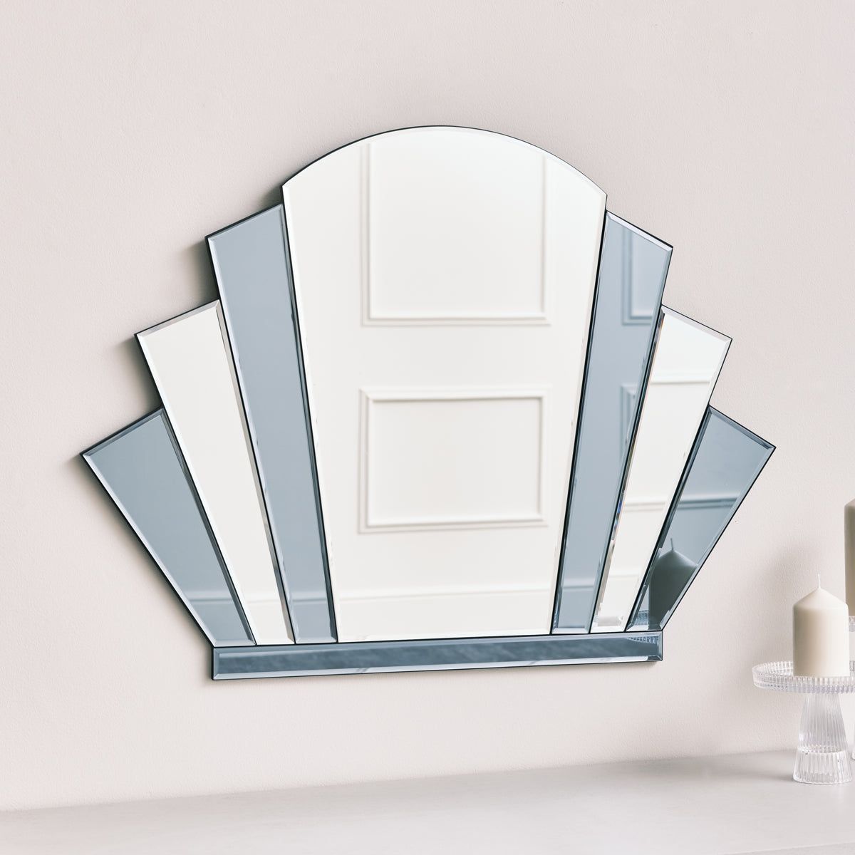 Melody Maison Grey Glass Art Deco Arch Fan Wall Mirror 80cm X 60cm in Light Grey
