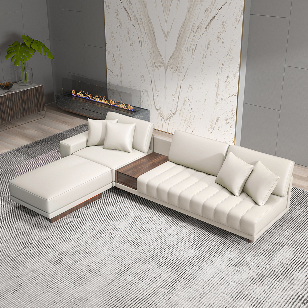 320 cm Leather L-Shaped Modular White Sectional Sofa with Storage Side Table and Ottoman