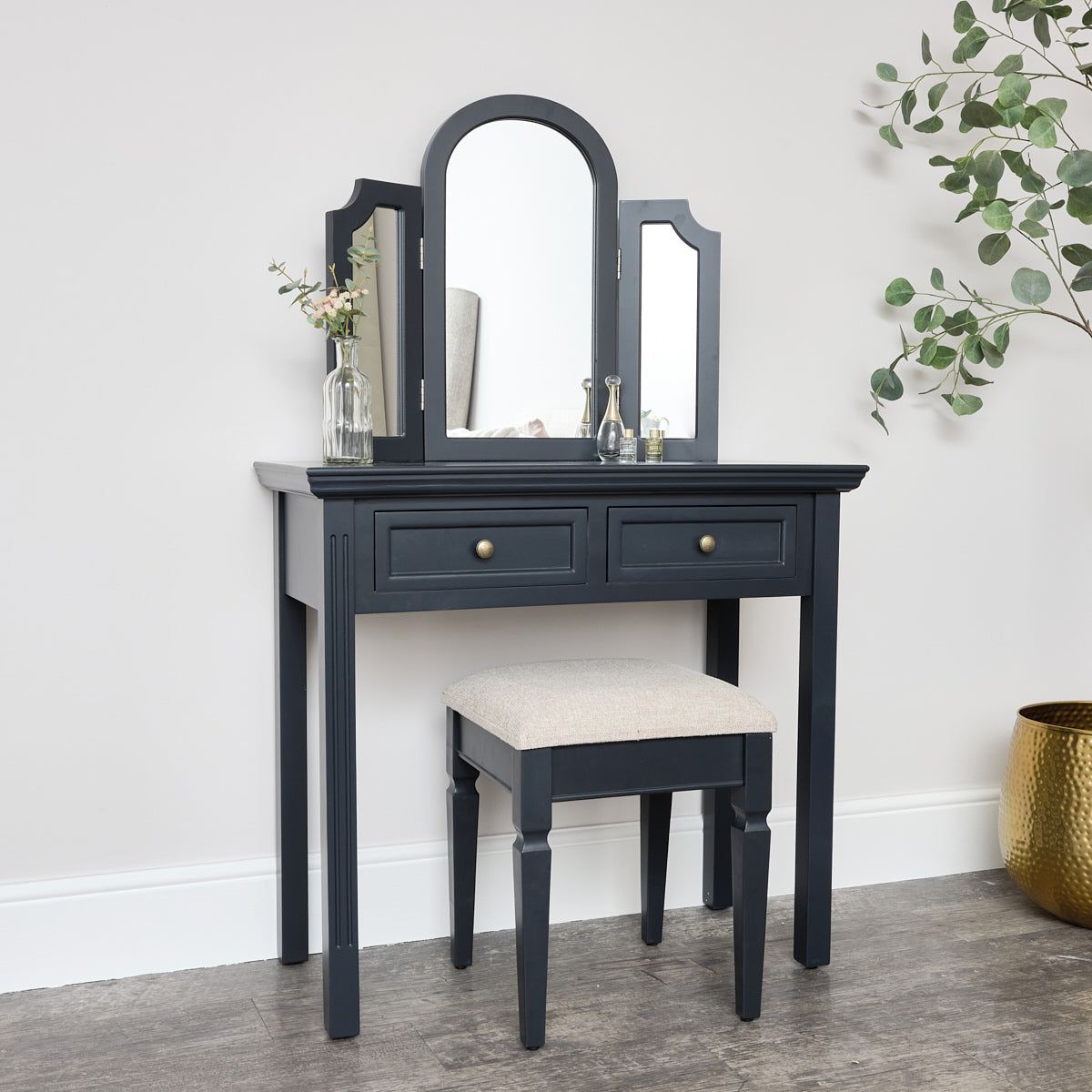 Melody Maison Large Dressing Table, Mirror & Stool Set - Daventry Navy Black Range