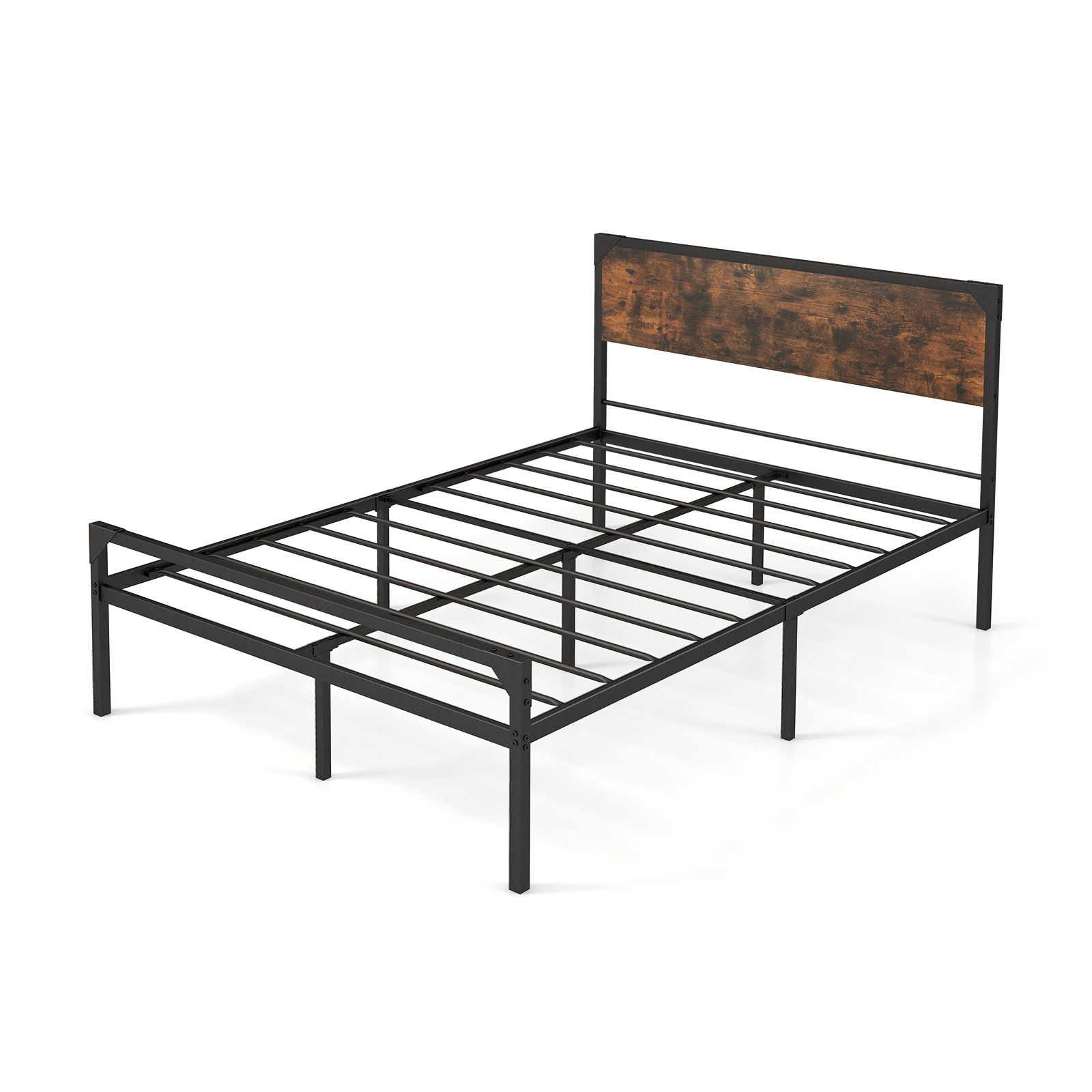Costway Industrial Double Size Bed Frame Metal Platform Bed with 9 Support Legs in Brown