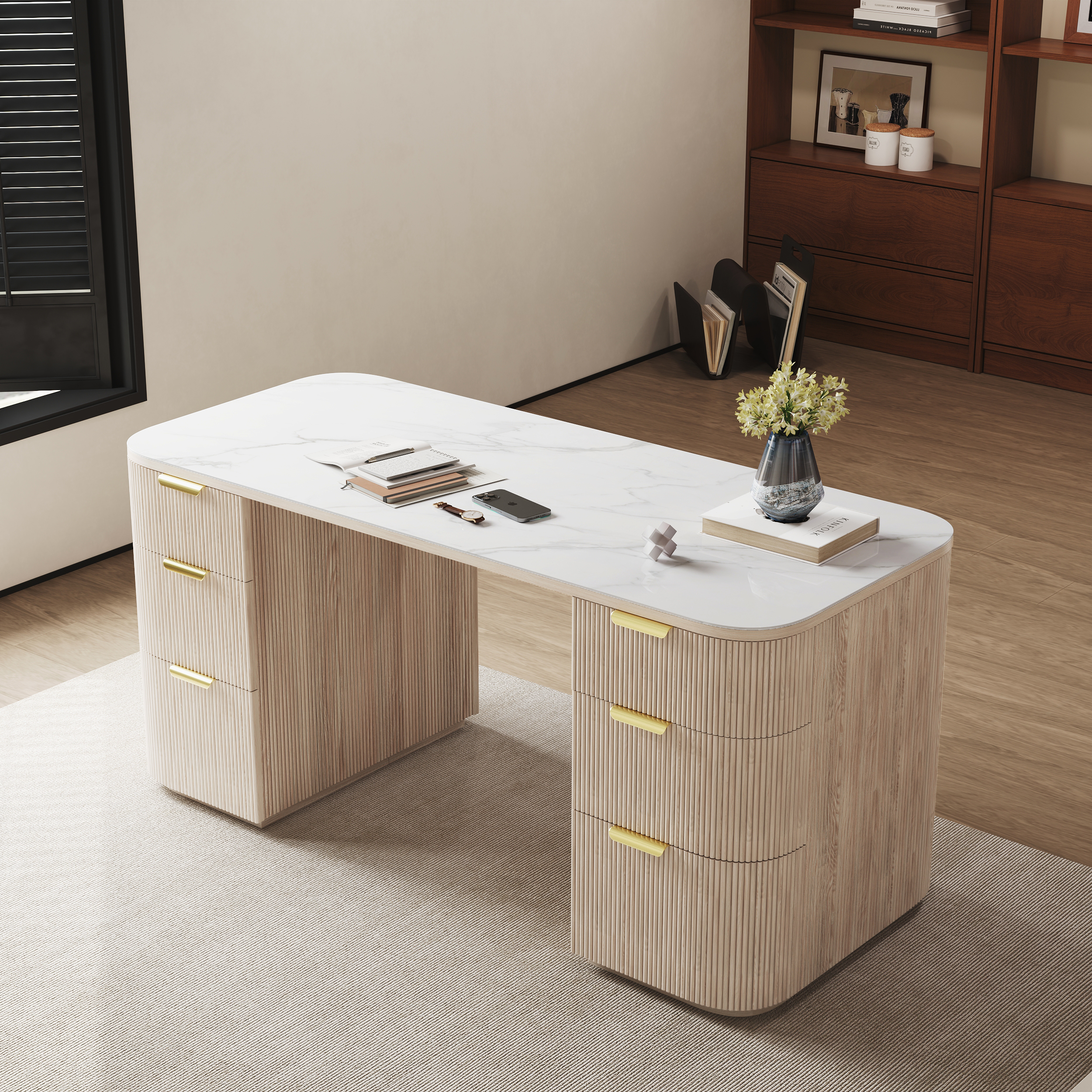 Wash White Ash Wood & Sintered Stone Rectangle Desk with 6 Drawers (160 cm)