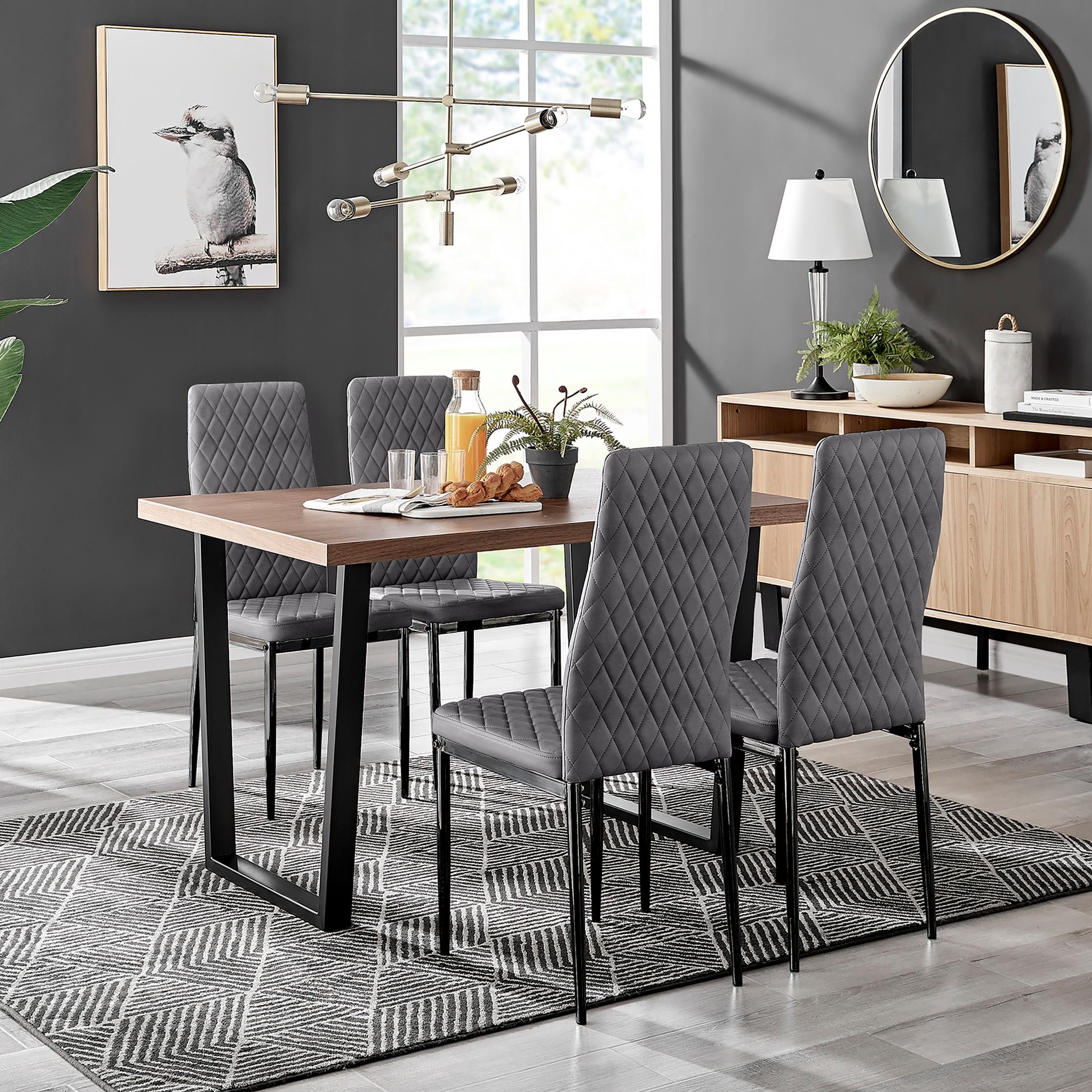 FurnitureboxUK Kylo Brown Wood Effect Dining Table With Black 'U' Legs & 4 Milan Velvet Chairs in Grey