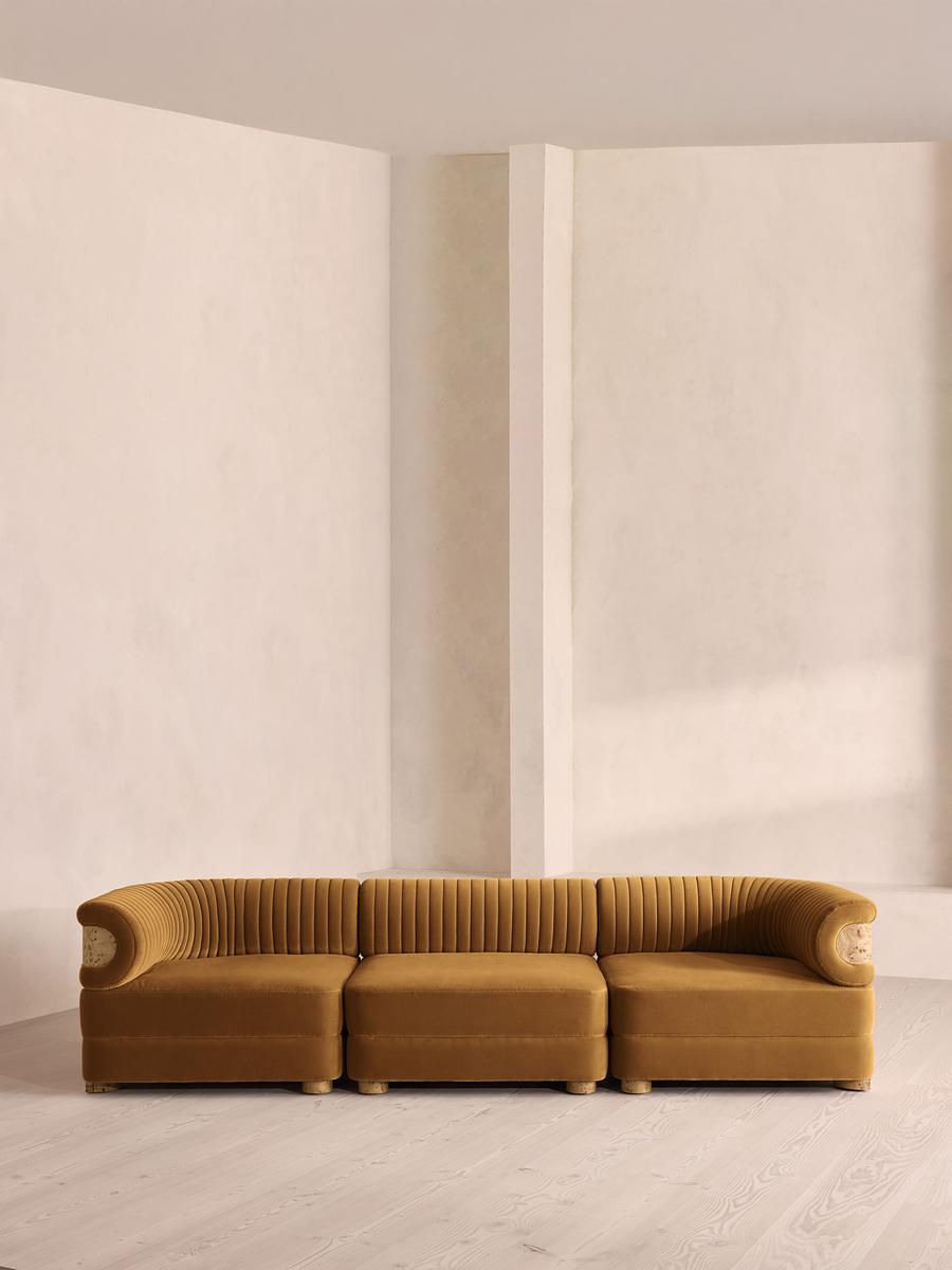 Caleb Modular Four Seater Sofa, Velvet, Mustard, Blonde Burl