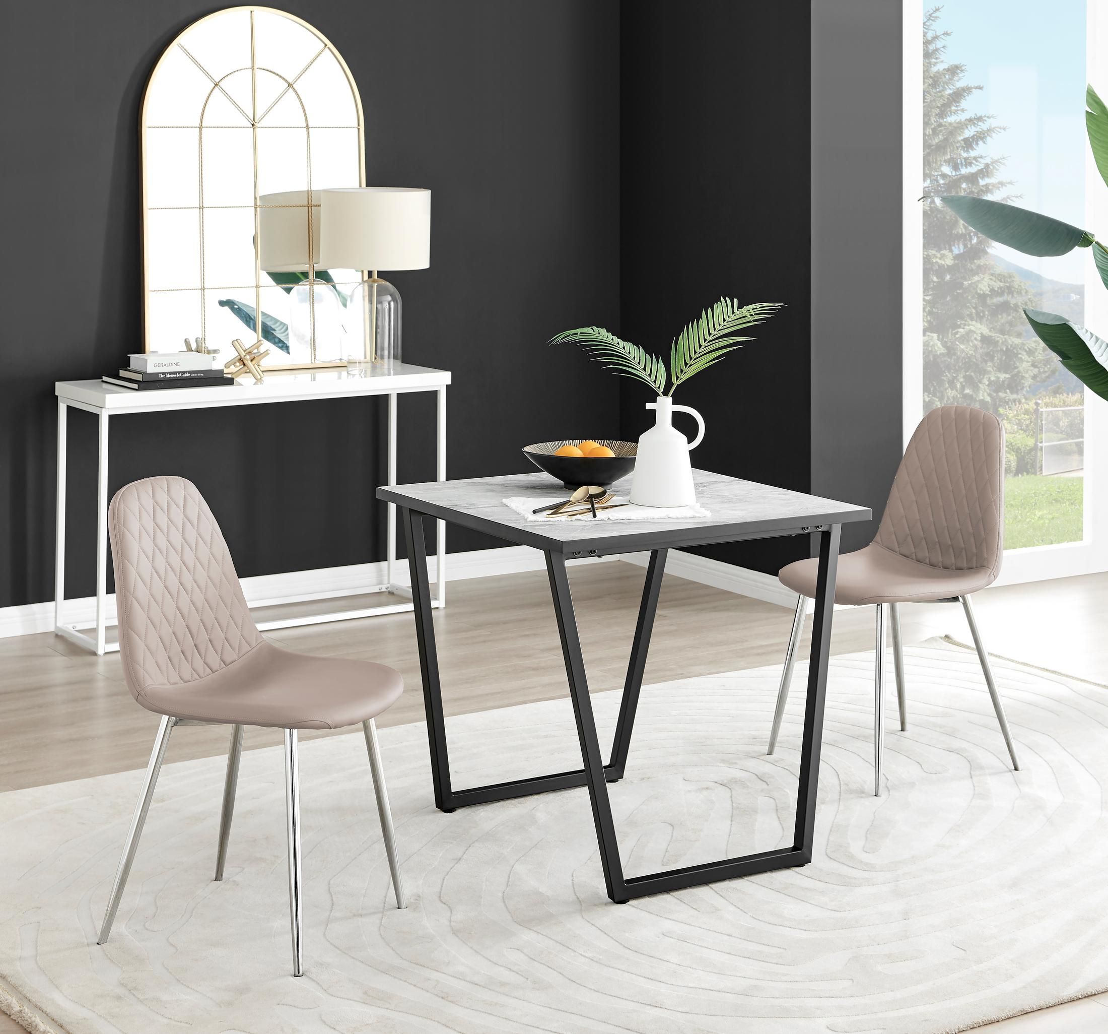 FurnitureboxUK Carson White Marble Effect Square Dining Table & 2 Faux Leather Corona Silver Chairs in Beige
