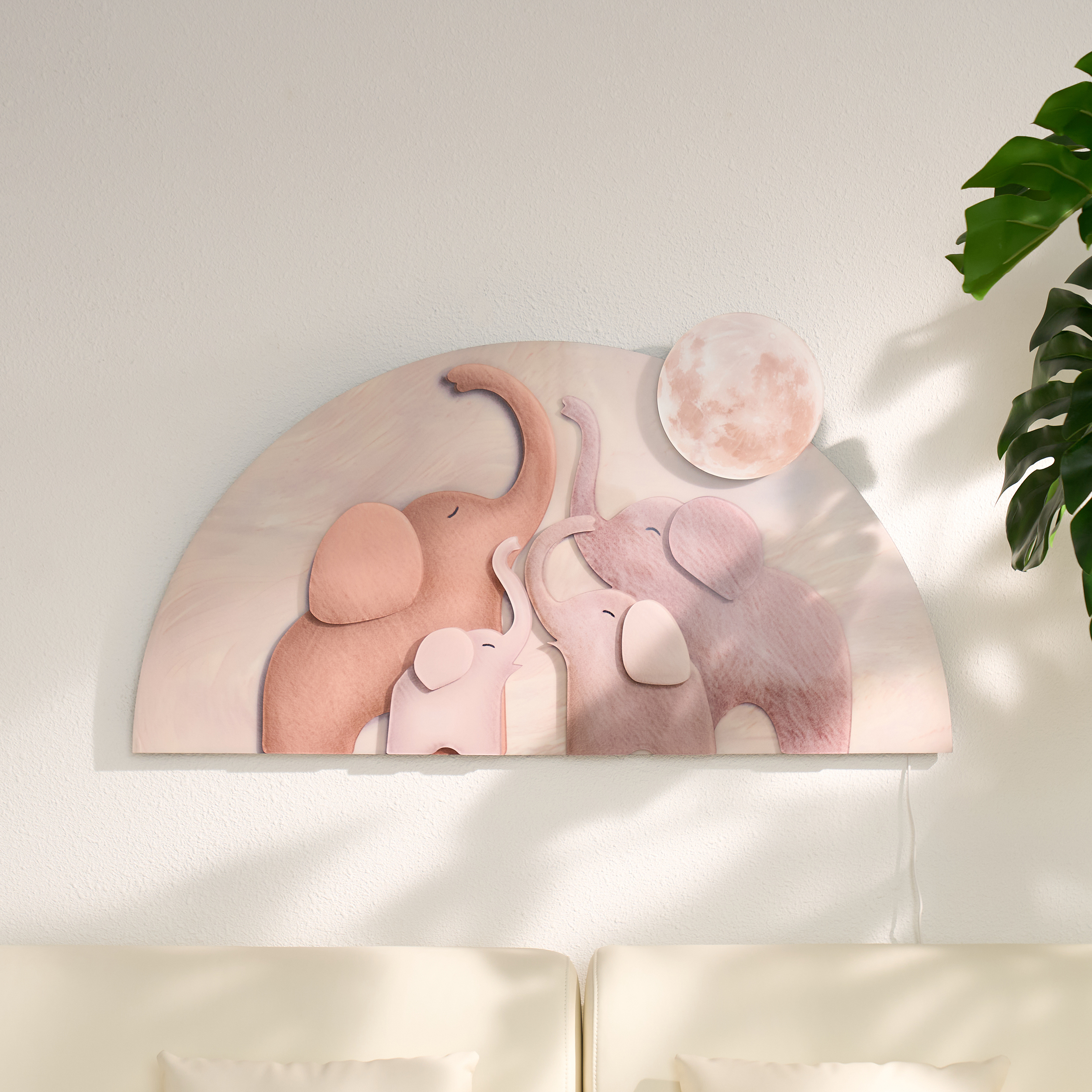 55 cm x 100 cm Arched LED 3D Acrylic Elephant Moon Wall Sculpture Art Decor Living Room Bedroom Nursery, Dimmable