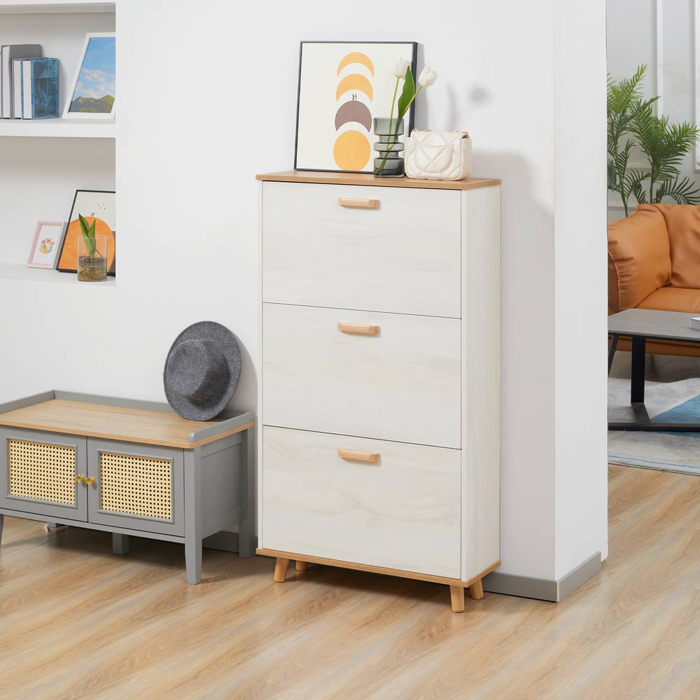 HOMCOM Slim Shoe Storage Cabinet with 3 Drawers & Adjustable Shelves for Hallway in Cream