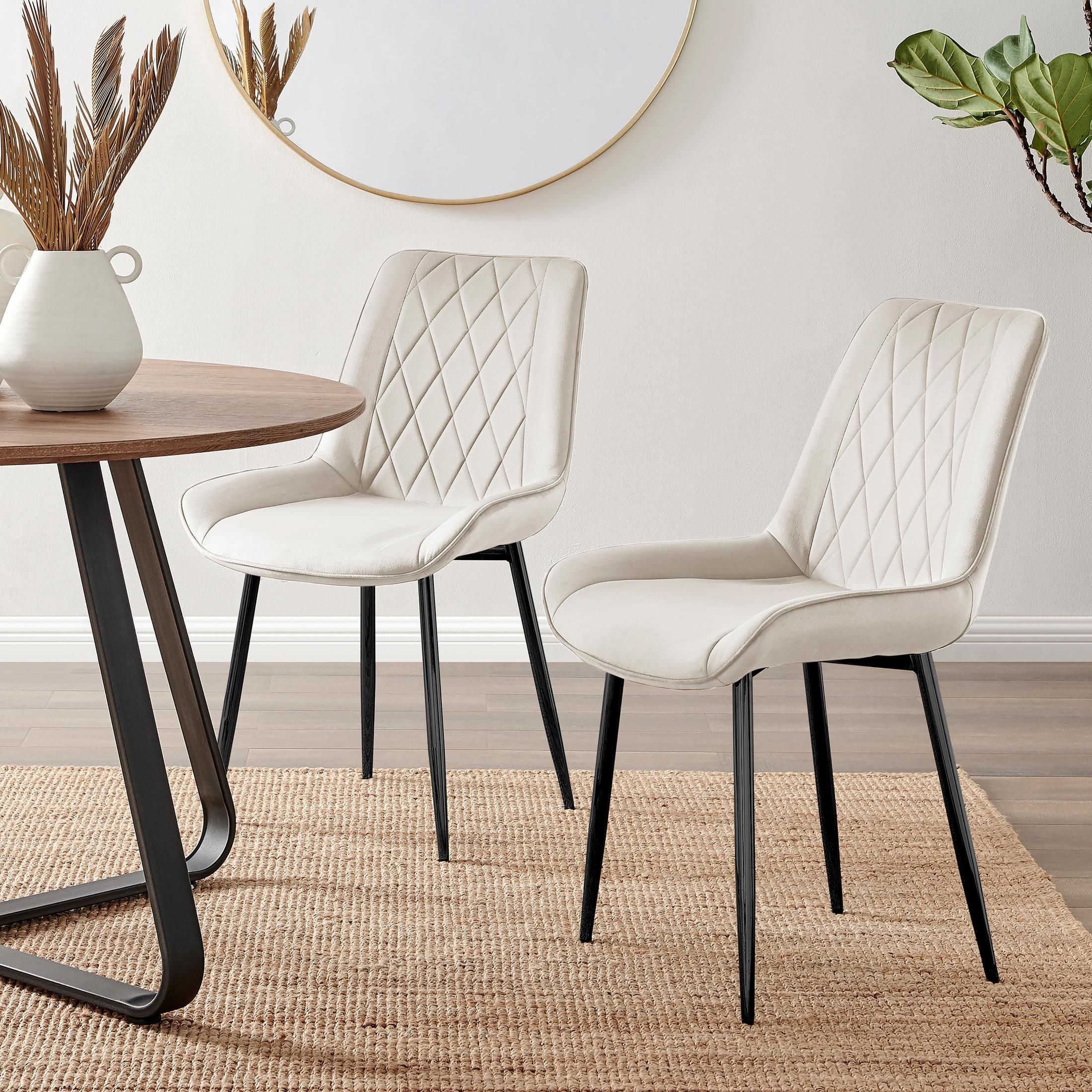 FurnitureboxUK Set of 2 Pesaro Luxury Velvet Dining Chairs With Diamond Stitched Back & Black Metal Legs in Cream