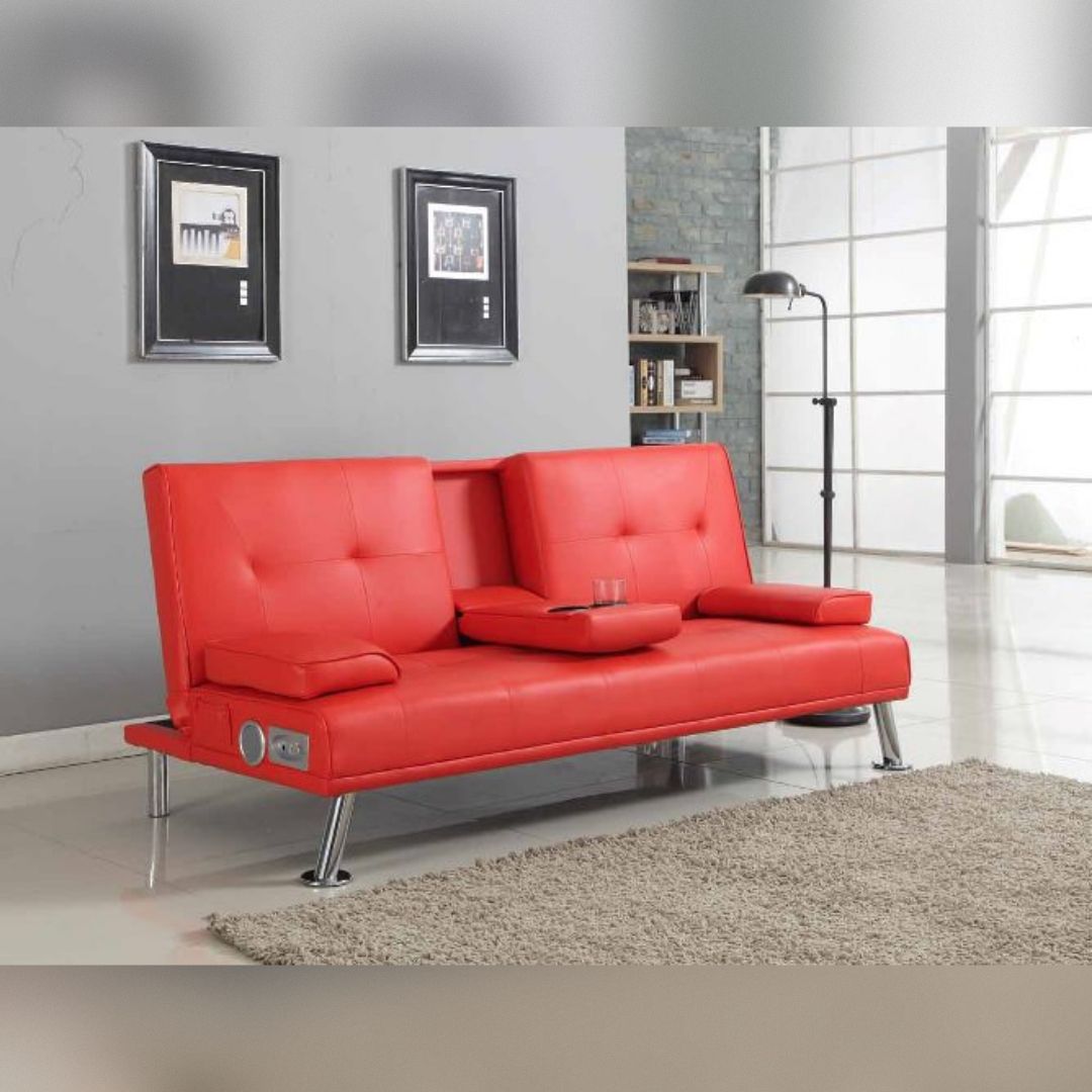 Comfy Living Ltd Faux Leather Italian Style Luxury Sofa Bed with Bluetooth & Drink Cup Holder in Red