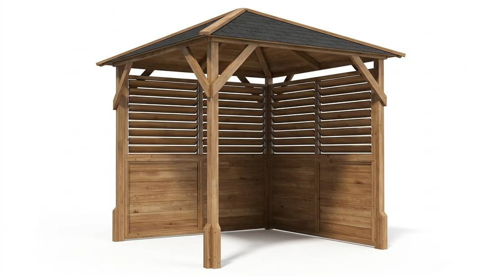 Dunster House Wooden Gazebo with Louvre Wall & Shingles 2m x 2m - Utopia 200 in Brown