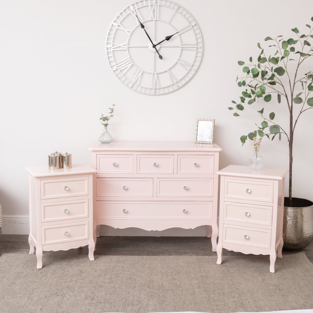 Melody Maison Large Pink 6 Drawer Chest Of Drawers & Pair Of 3 Drawer Bedsides - Sophia Pink Range in Pale Pink