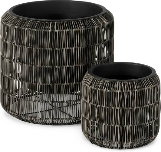 Nadda Set of 2 Round Polyrattan Plant Stands, Brown