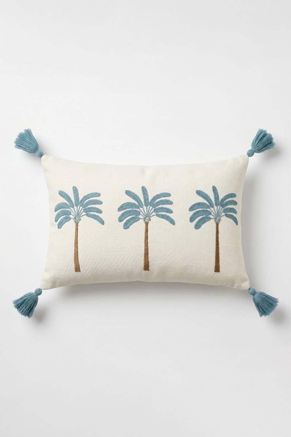 Homescapes White Embroidered Palm Cushion with Tassels, 30 x 50cm