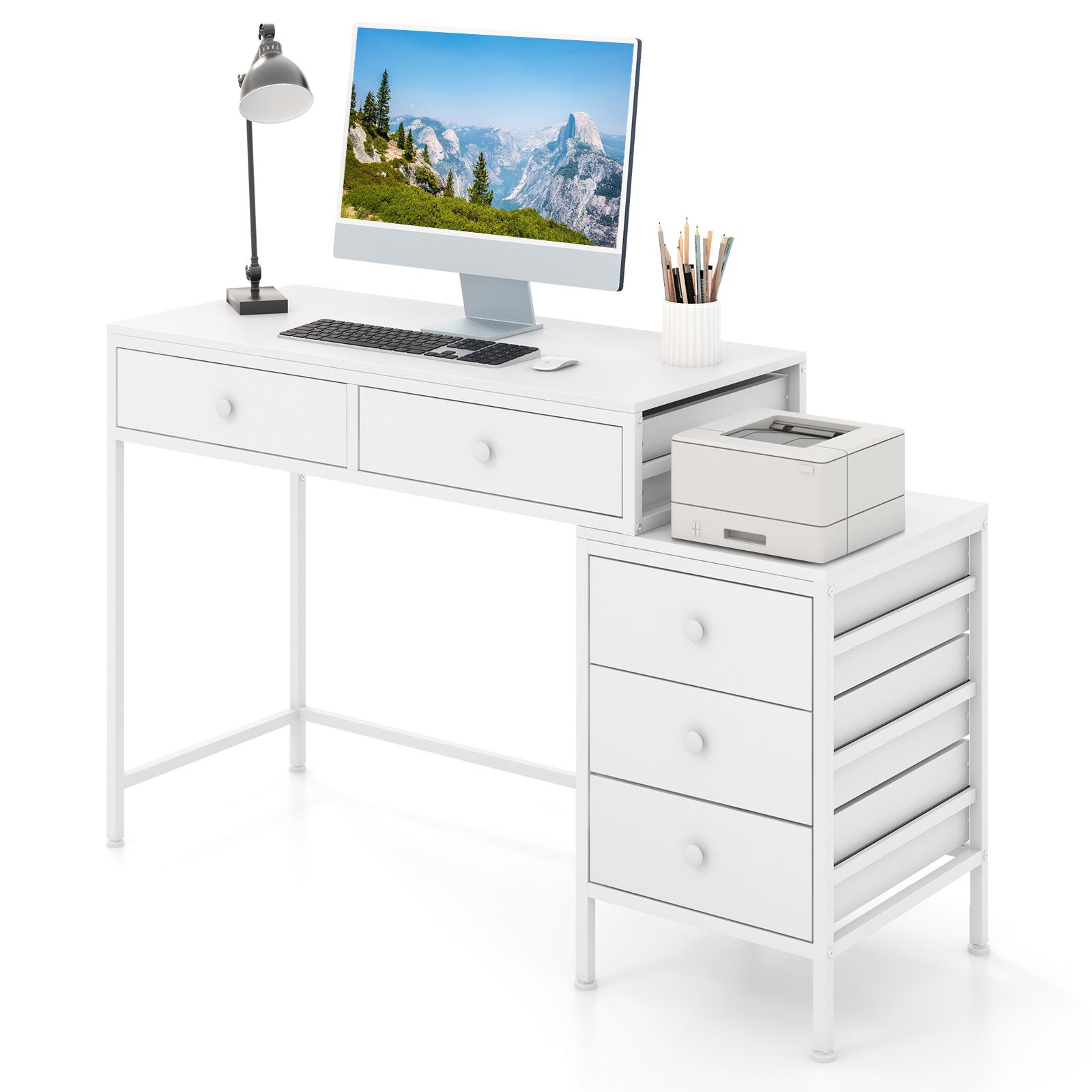 Costway Computer Desk Home Office Desk w/ Side File Cabinet & 5 Drawers in White