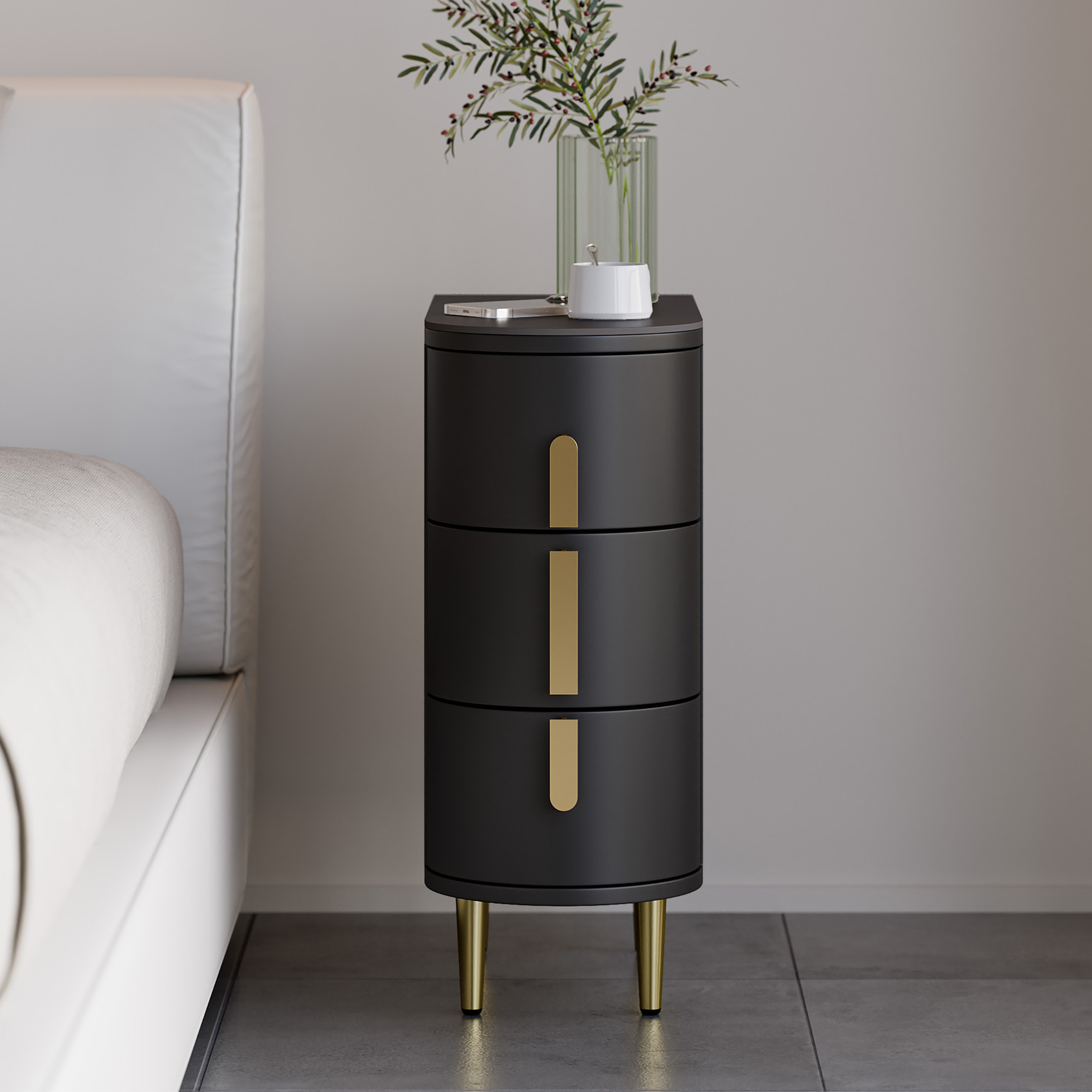 Modern Black Narrow 3 Drawer Bedside Table Sintered Stone Top Bedside Table
