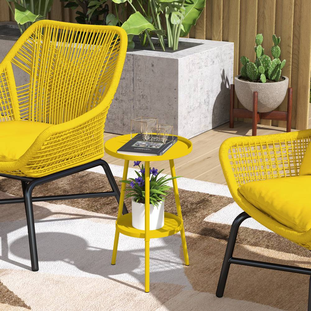 OUTSUNNY Round Garden Table, 2-Tier Metal Patio Table Coffee Table, Yellow