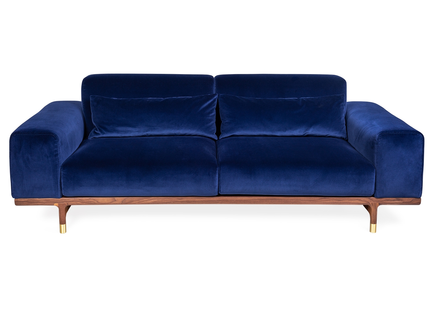 Porada Argo 2 Seater Sofa Dark Blue Velvet Walnut Brass Feet