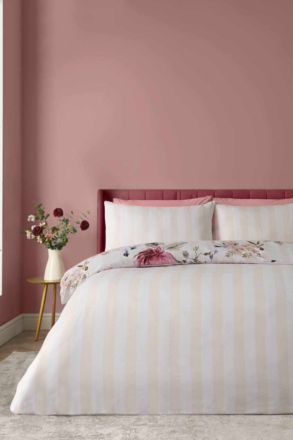 Catherine Lansfield Floral Stripe So Soft Reversible Duvet Cover Set in Cream 2