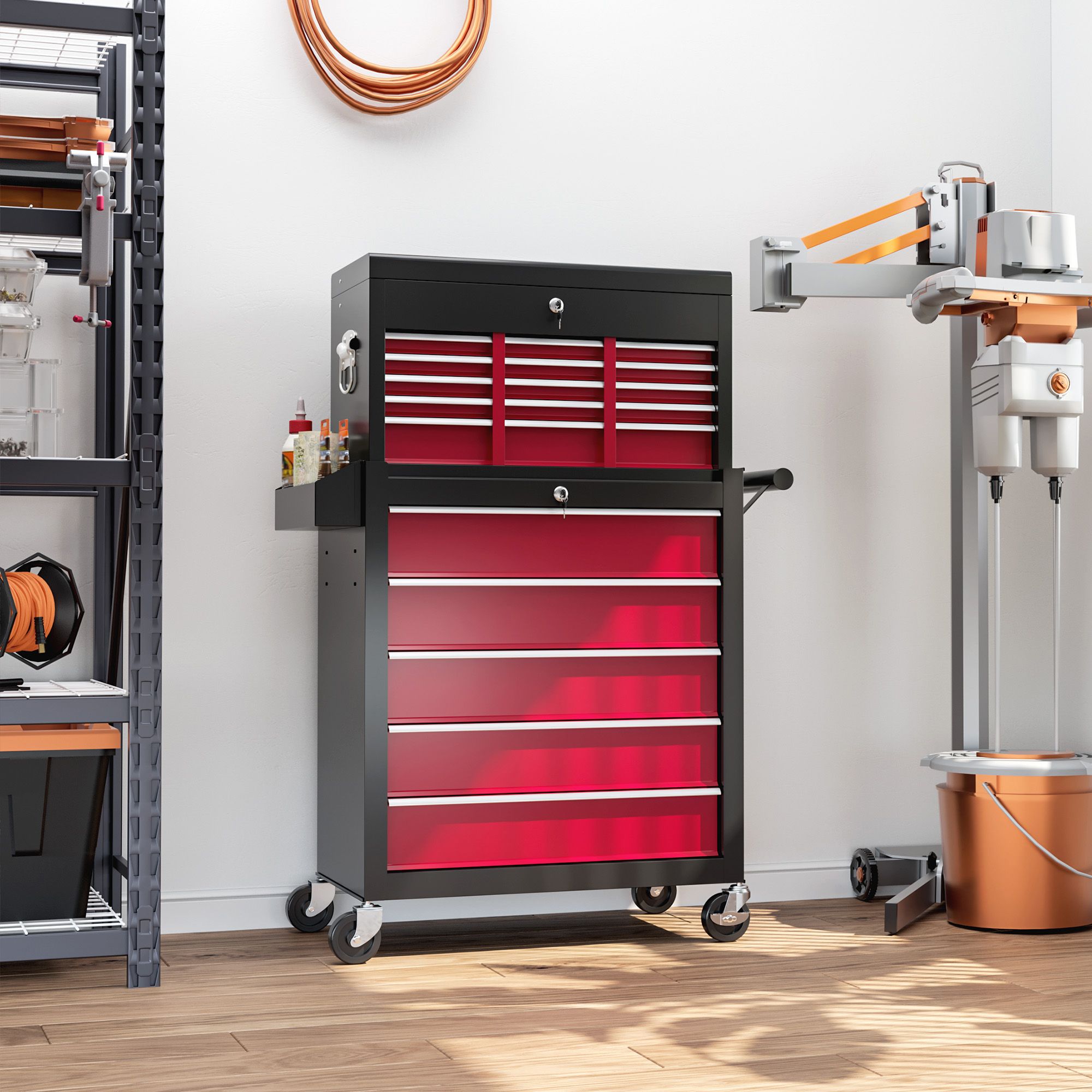 HOMCOM Rolling Tool Cabinet on Wheels with 14 Drawers, Pegboard & Side Rack, Lockable Top Tool Chest & Roller Cabinet Combo for Workshop & Hom in Red