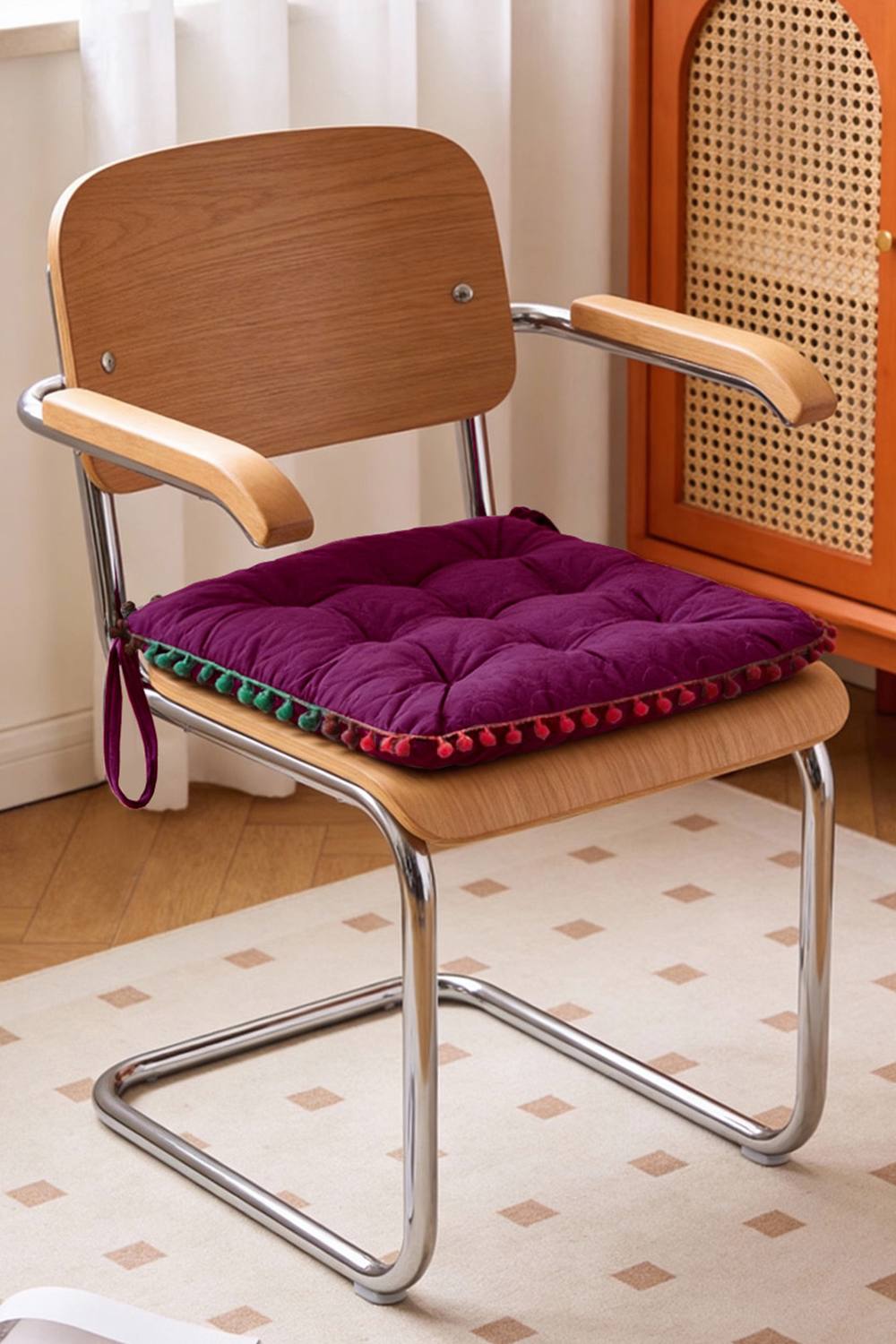 Living and Home Quilted Pom-Pom Trimmed Chair Cushion in Magenta