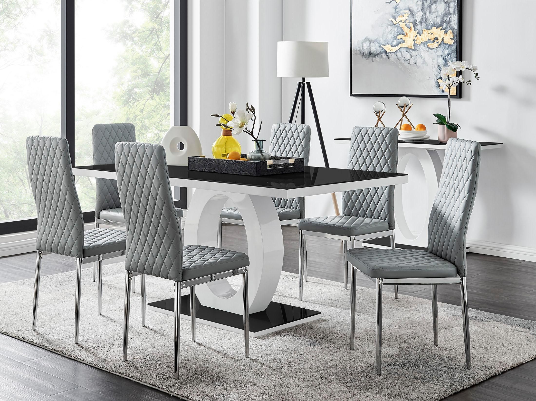 FurnitureboxUK Giovani Rectangular 6 Seat White High Gloss Unique Halo Dining Table Black Glass Top 6 Faux Leather Silver Leg Milan Chairs in Grey