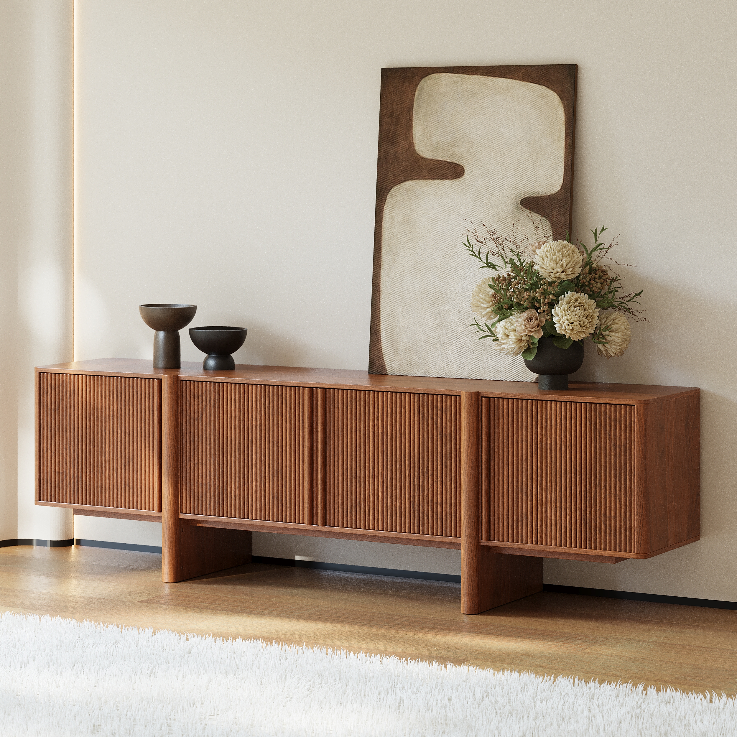 200 cm Solid Wood TV Stand Mid Century Modern Media Console with Storage in Walnut