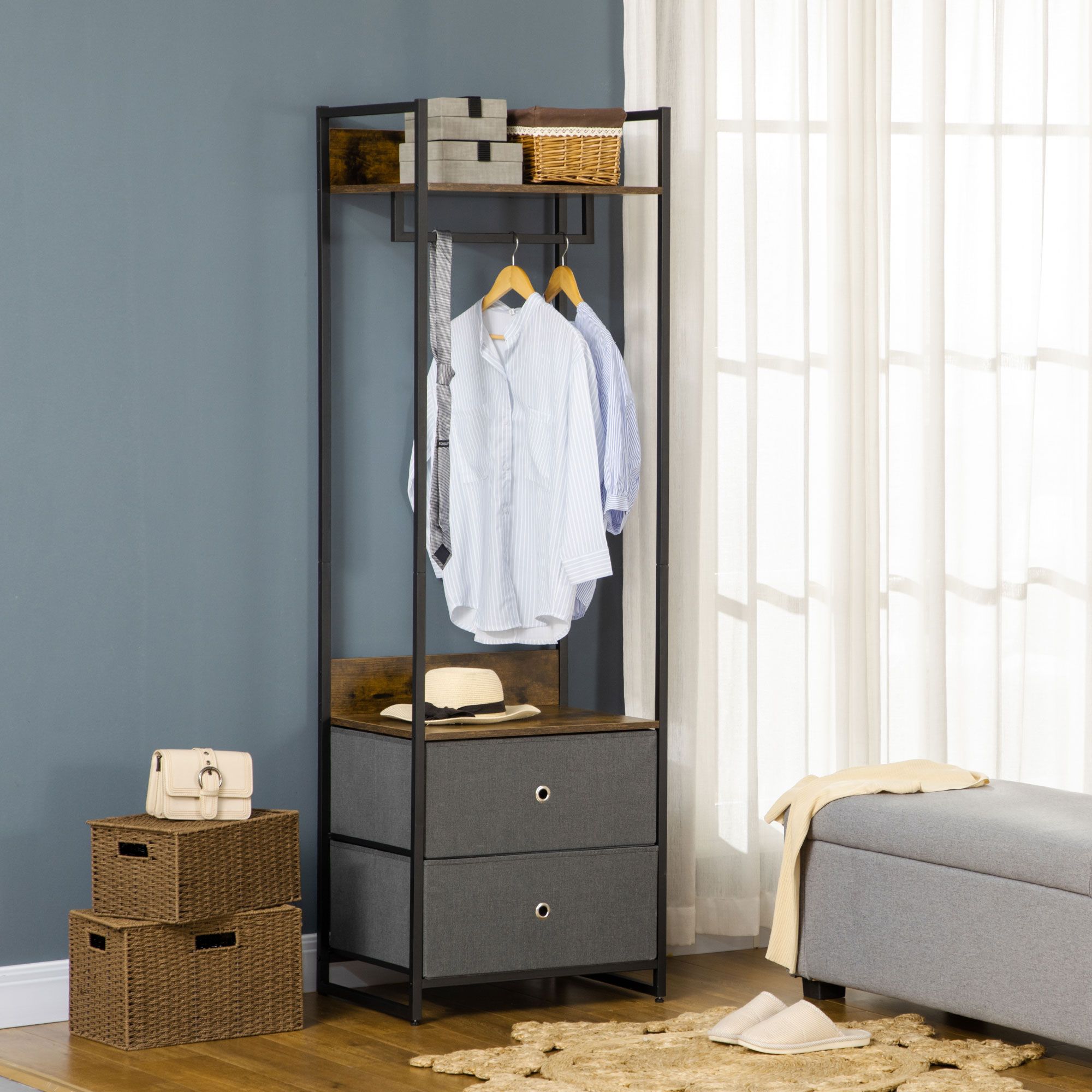 HOMCOM Industrial Clothes Rail Garment Rack with 2 Fabric Drawers Rustic Brown in Dark Brown