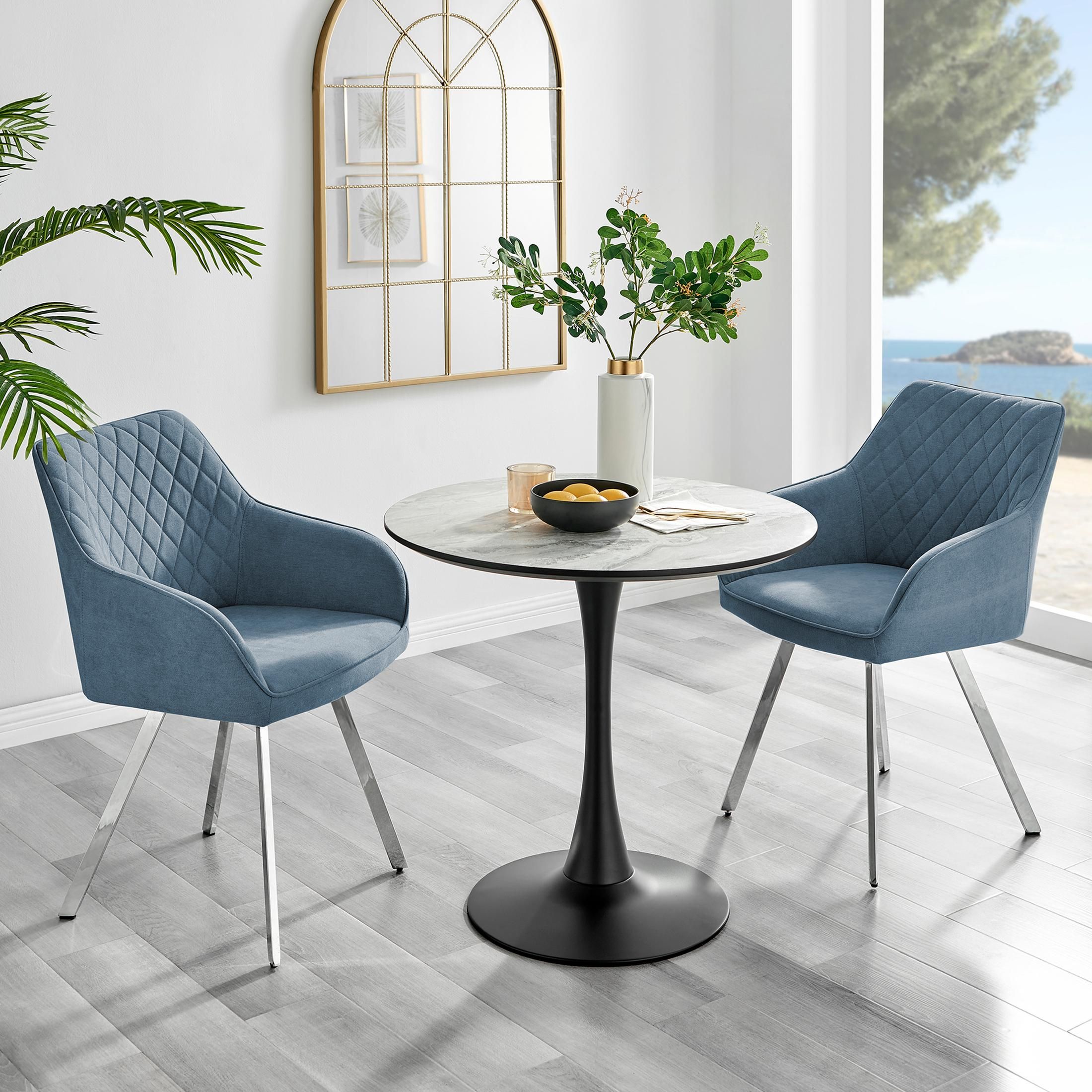 FurnitureboxUK Elina White Marble Effect Scratch Resistant Dining Table & 2 Falun Silver Leg Fabric Chairs in Blue