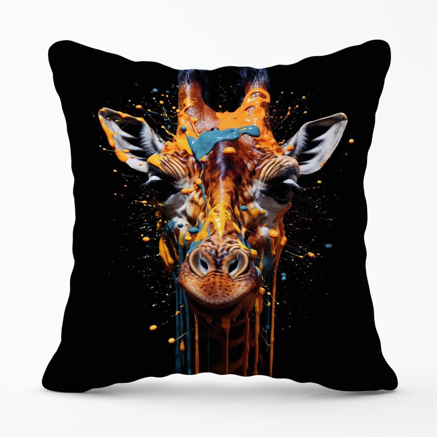 Warren Reed - Designer Giraffe Face Splashart Outdoor Cushion in Orange