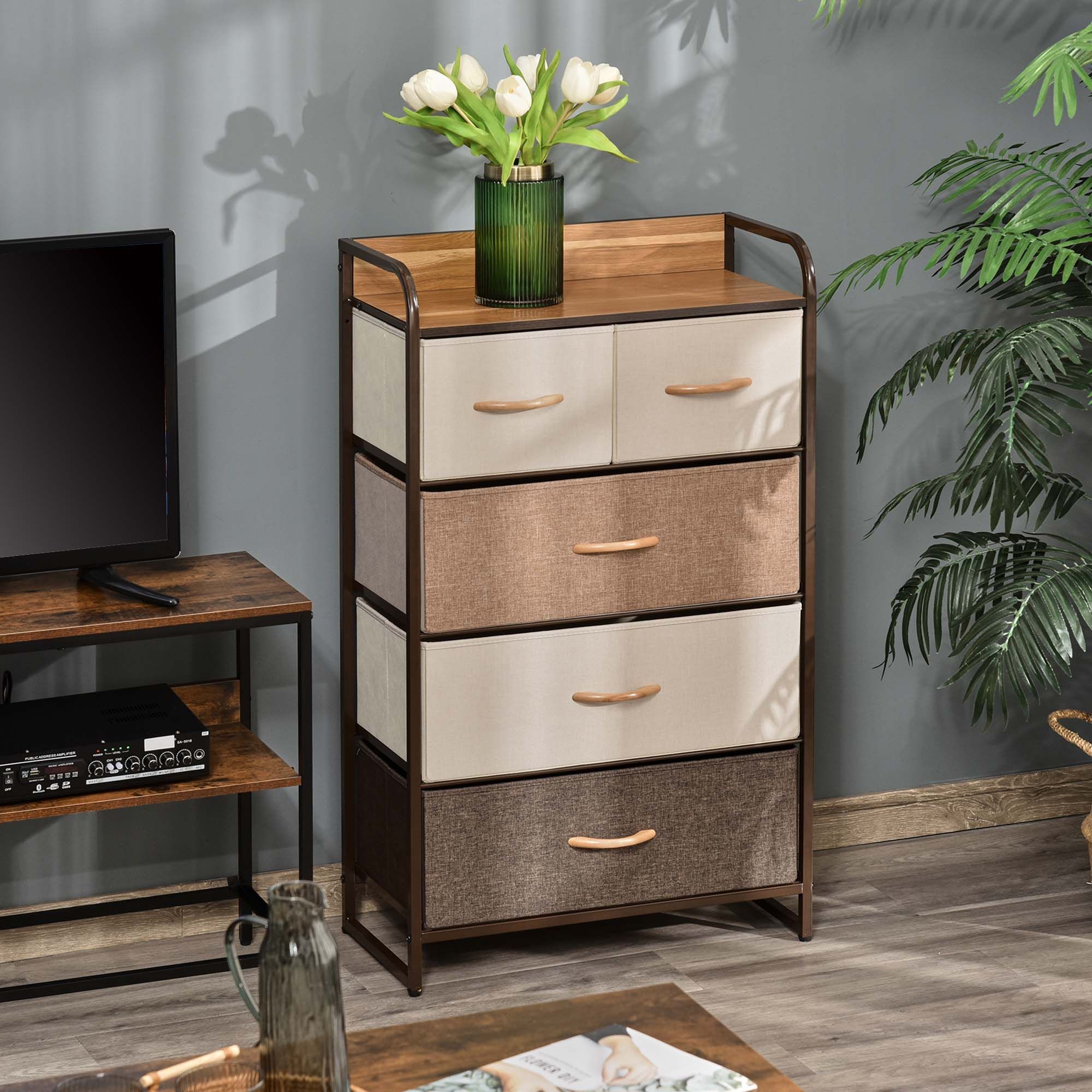 HOMCOM 5 Drawer Dresser Tower Fabric Chest of Drawers with Steel Frame in Brown