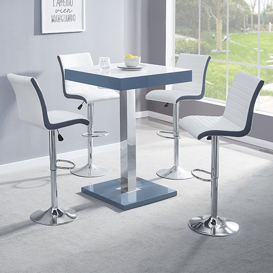 Topaz Grey White Glass Bar Table With 4 Ritz White Grey Stools