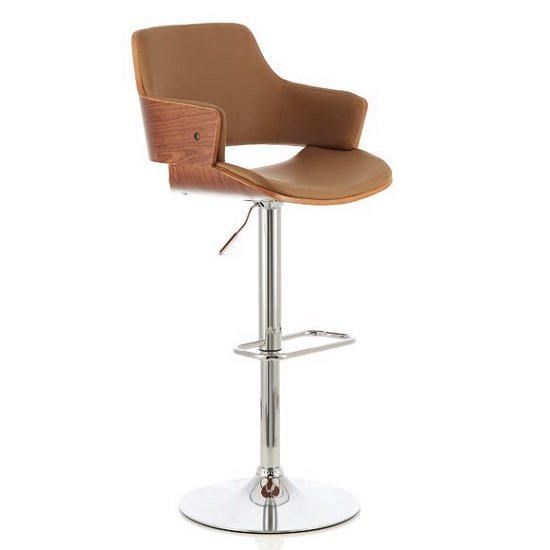 Finnley Bar Stool In Walnut And Beige PU With Chrome Base