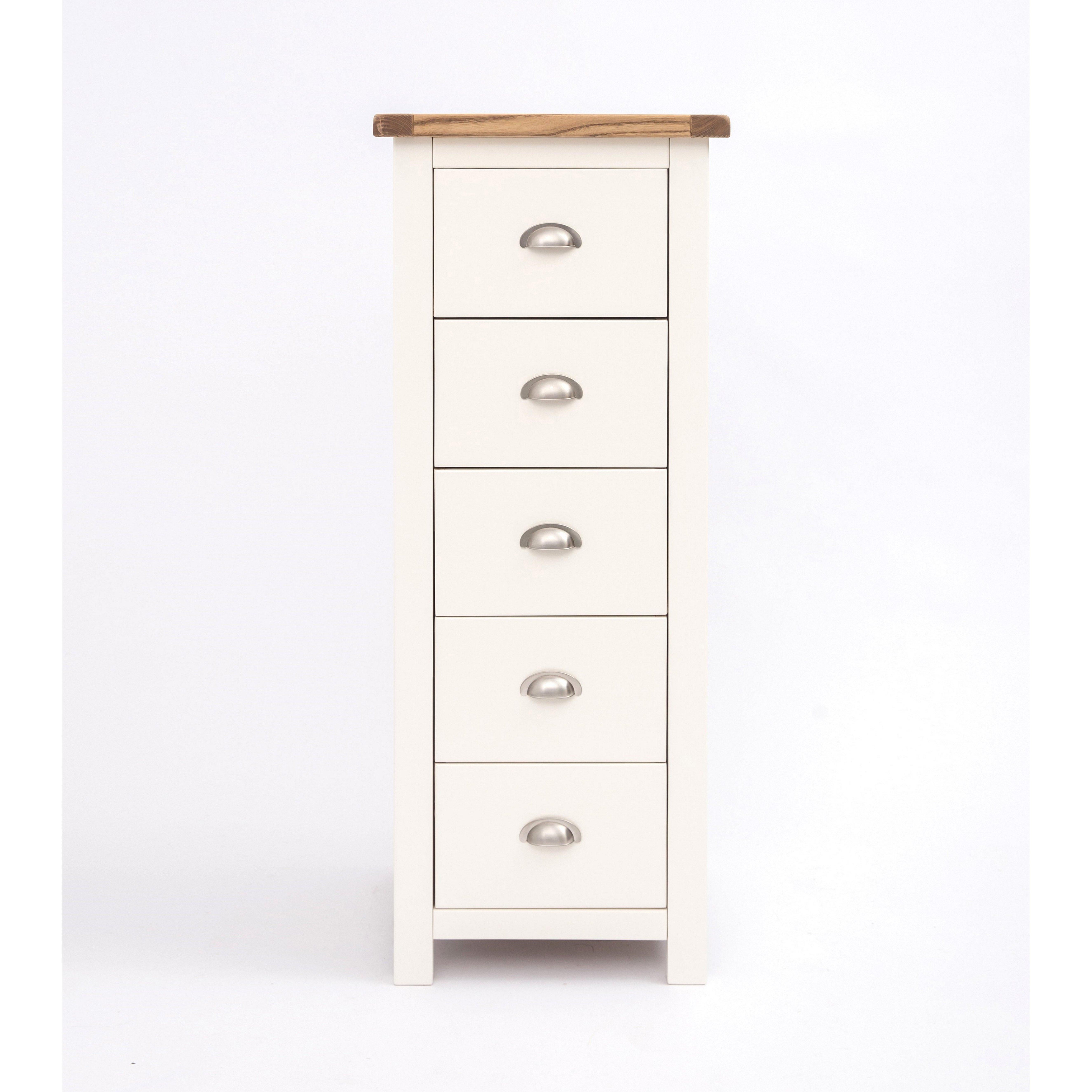 Cabinet Bits Lovere 5 Drawer Narrow Chest of Drawers Chrome Cup Handle in Off-White