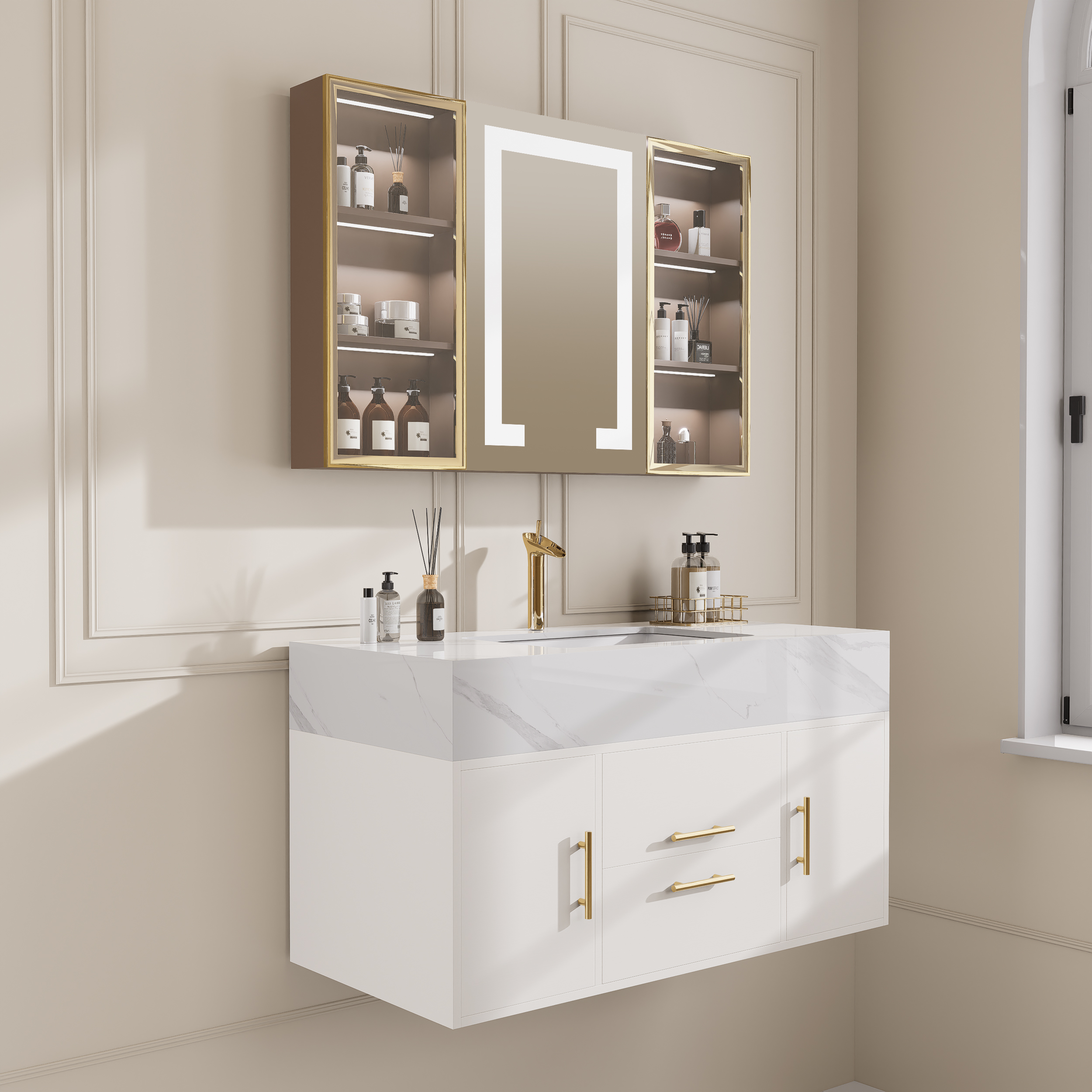 1000mm Floating Ceramic Sink & Stone Top in White & Mixer Tap & Bathroom Cabinet Vanity